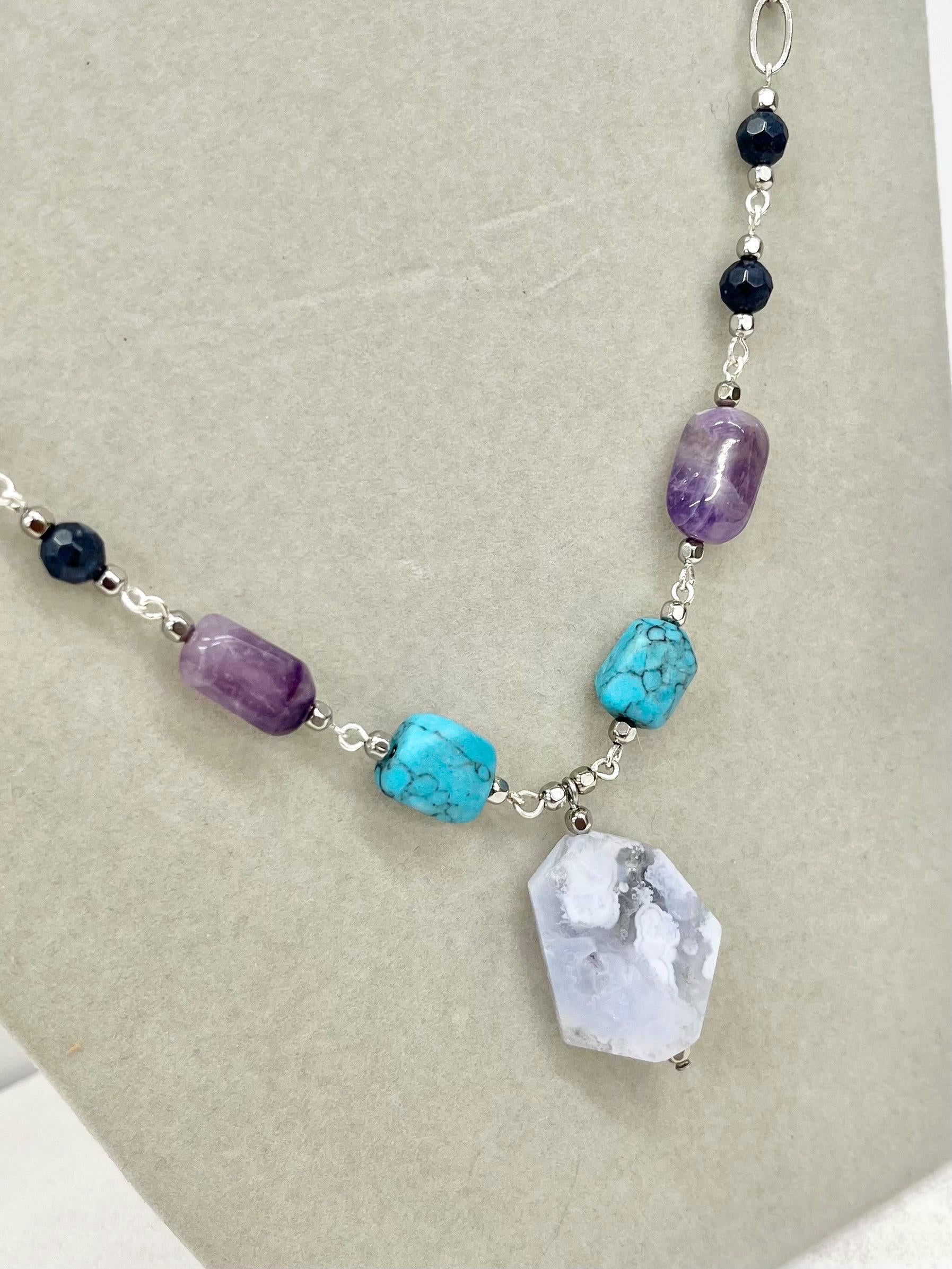 Blue Semi Precious Gemstone Necklace with Blue Lace Agate Amethyst Turquoise & Sodalit - by Milly Oliver MillyOliverVintage