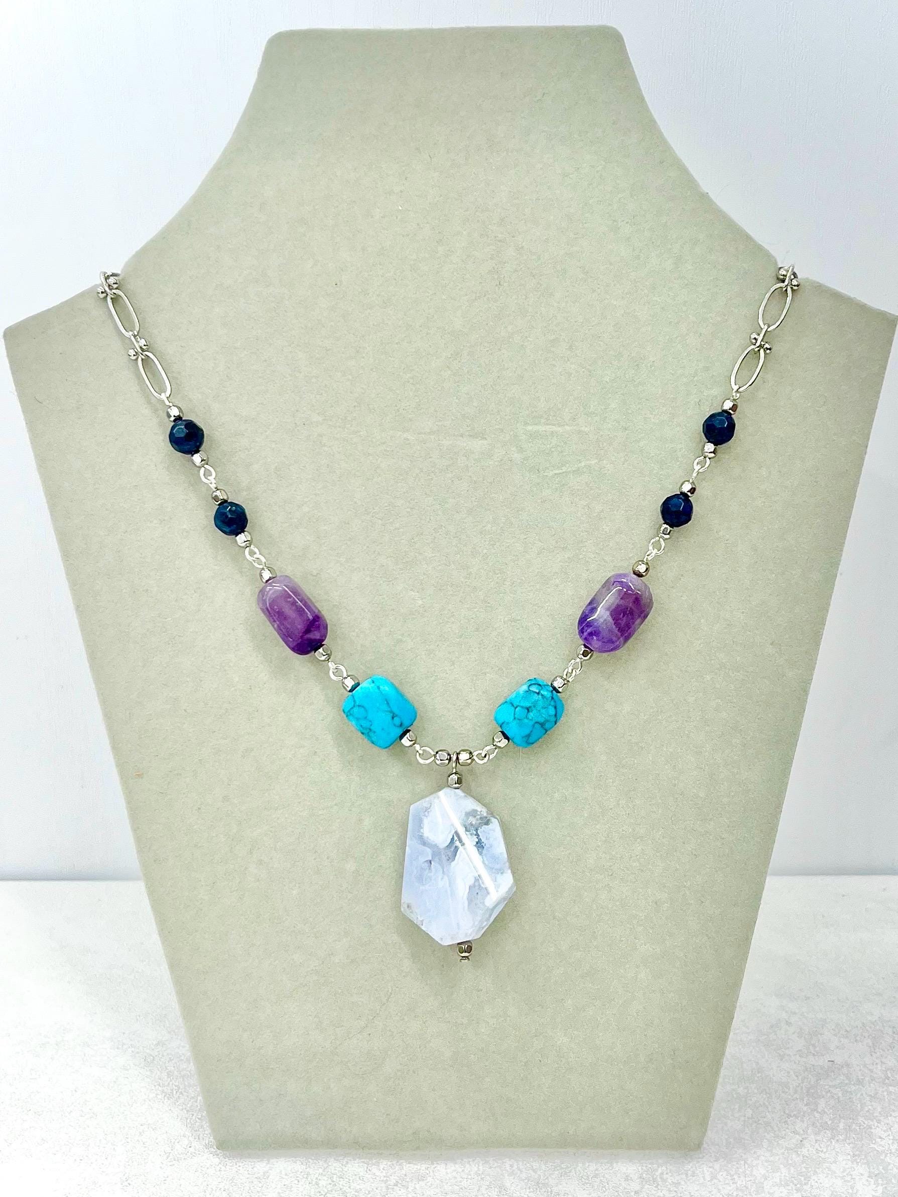 Blue Semi Precious Gemstone Necklace with Blue Lace Agate Amethyst Turquoise & Sodalit - by Milly Oliver MillyOliverVintage