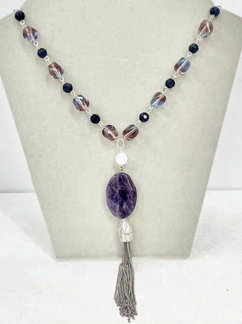 Amethyst and Sodalite Tassle Drop Semi Precious Gemstone Necklace - by Milly Oliver MillyOliverVintage
