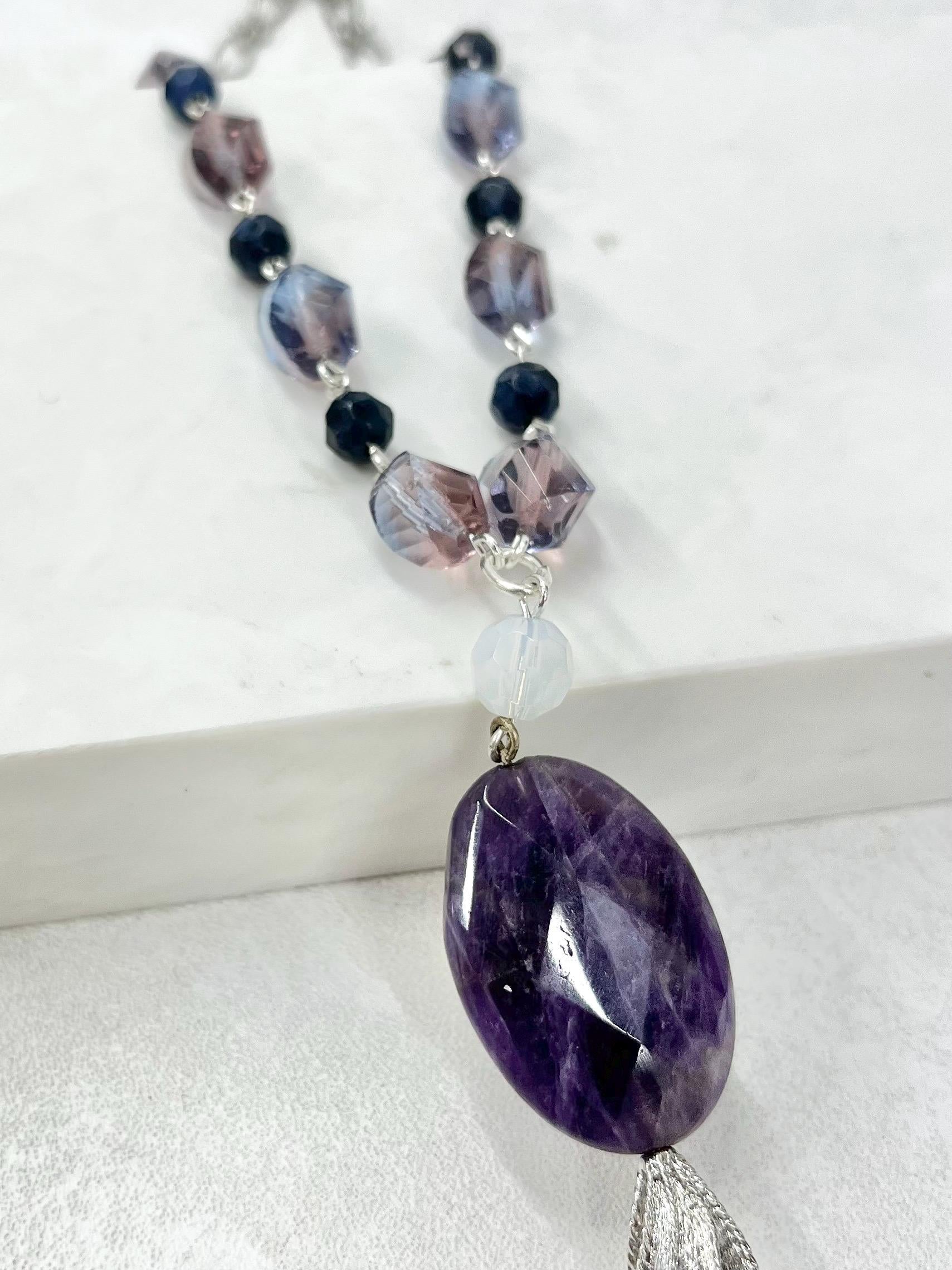 Amethyst and Sodalite Tassle Drop Semi Precious Gemstone Necklace - by Milly Oliver MillyOliverVintage