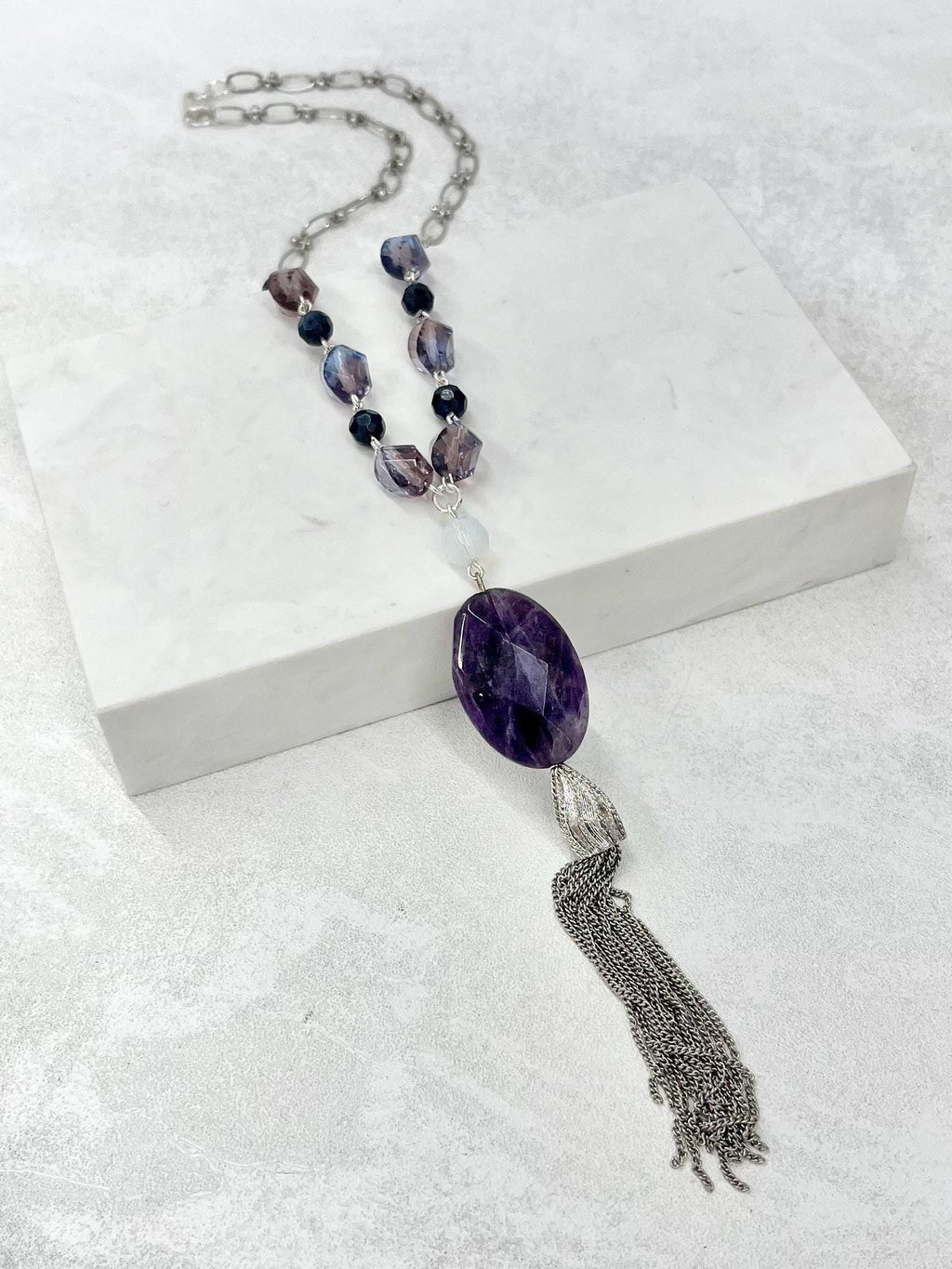 Amethyst and Sodalite Tassle Drop Semi Precious Gemstone Necklace - by Milly Oliver MillyOliverVintage