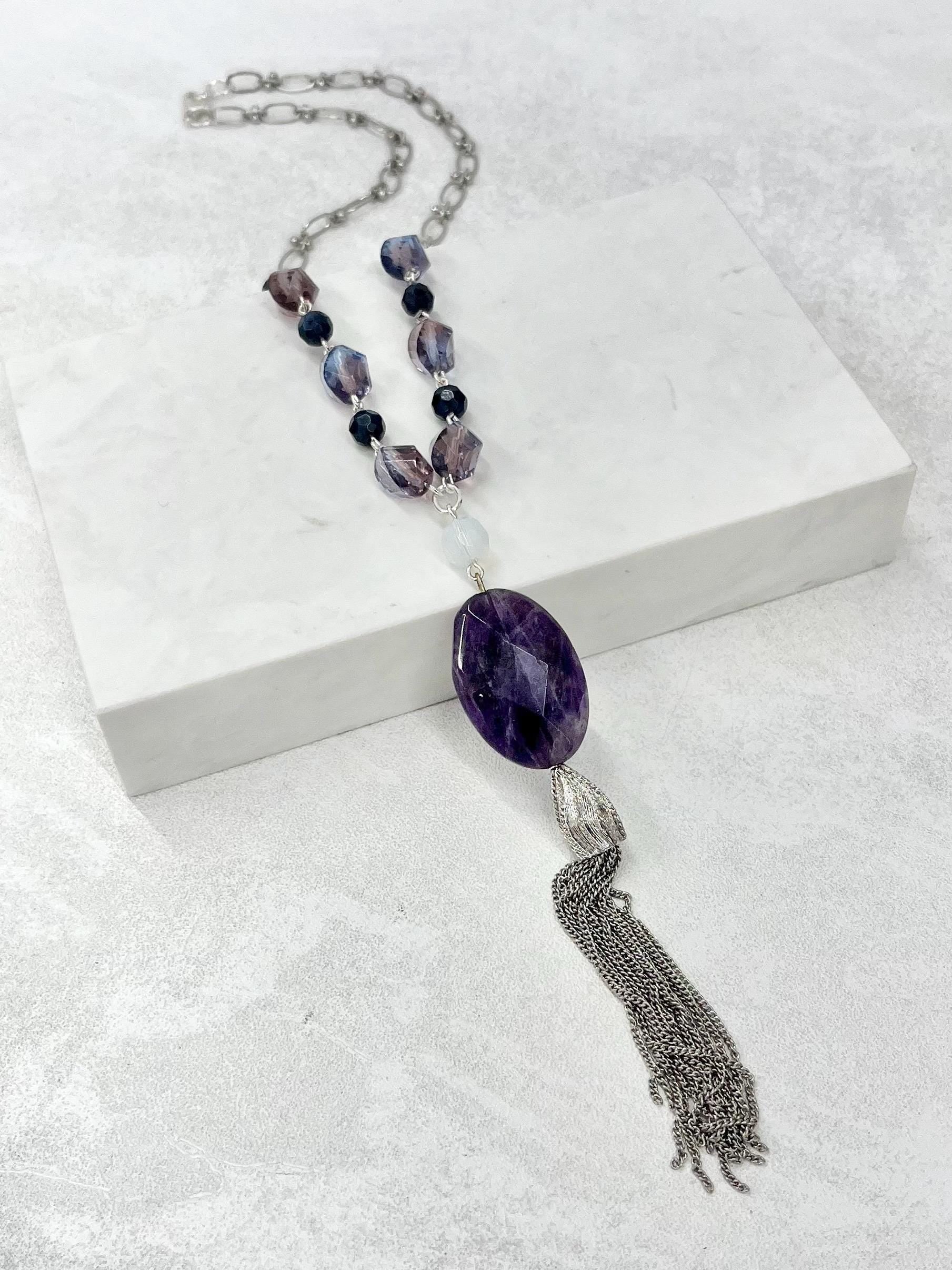 Amethyst and Sodalite Tassle Drop Semi Precious Gemstone Necklace - by Milly Oliver MillyOliverVintage