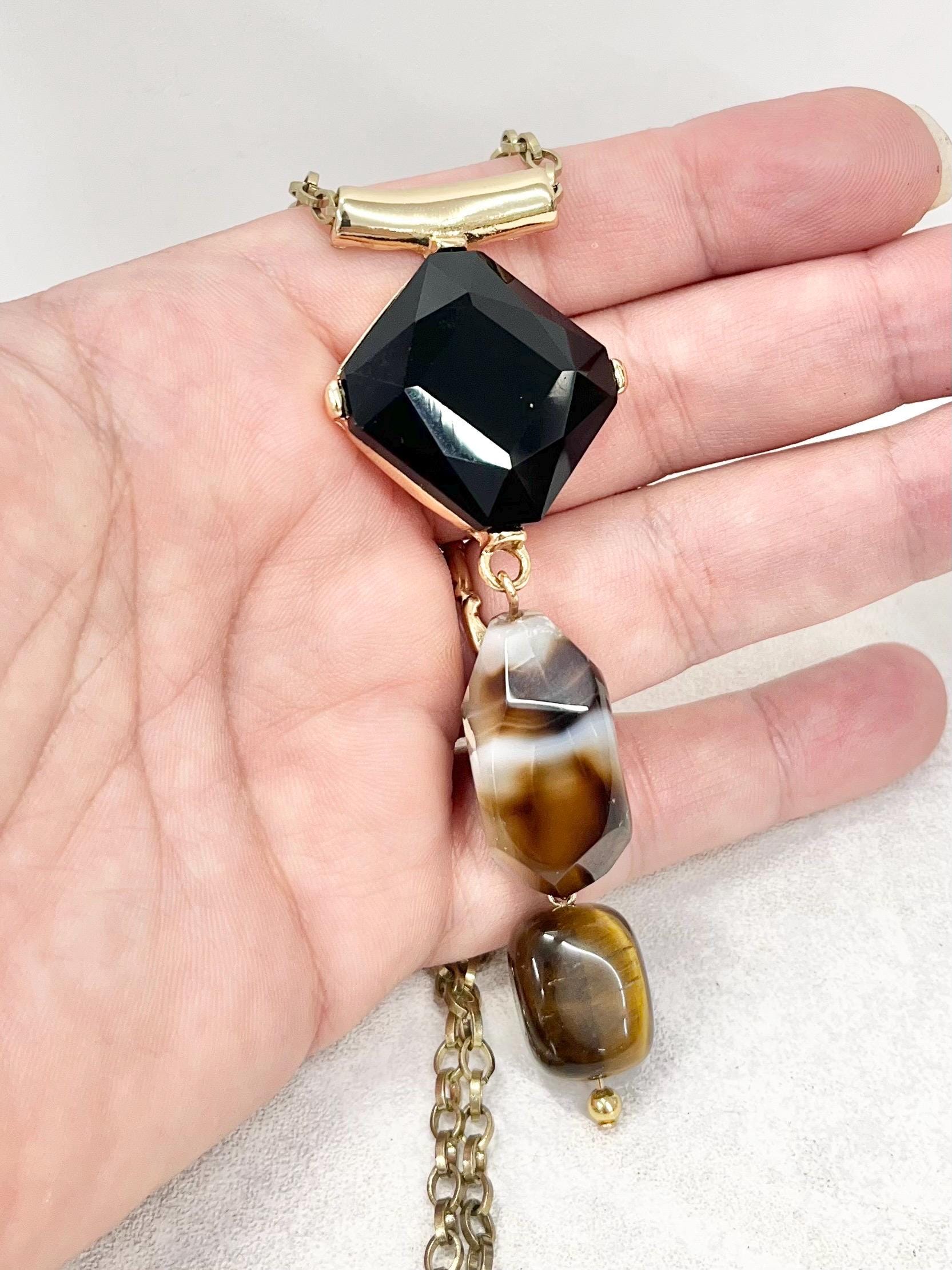 Striped Brown Agate and Tigers Eye Semi Precious Gemstone Necklace with a Facetex Black Cabochon & Gold Tone Accents - by Milly Oliver MillyOliverVintage