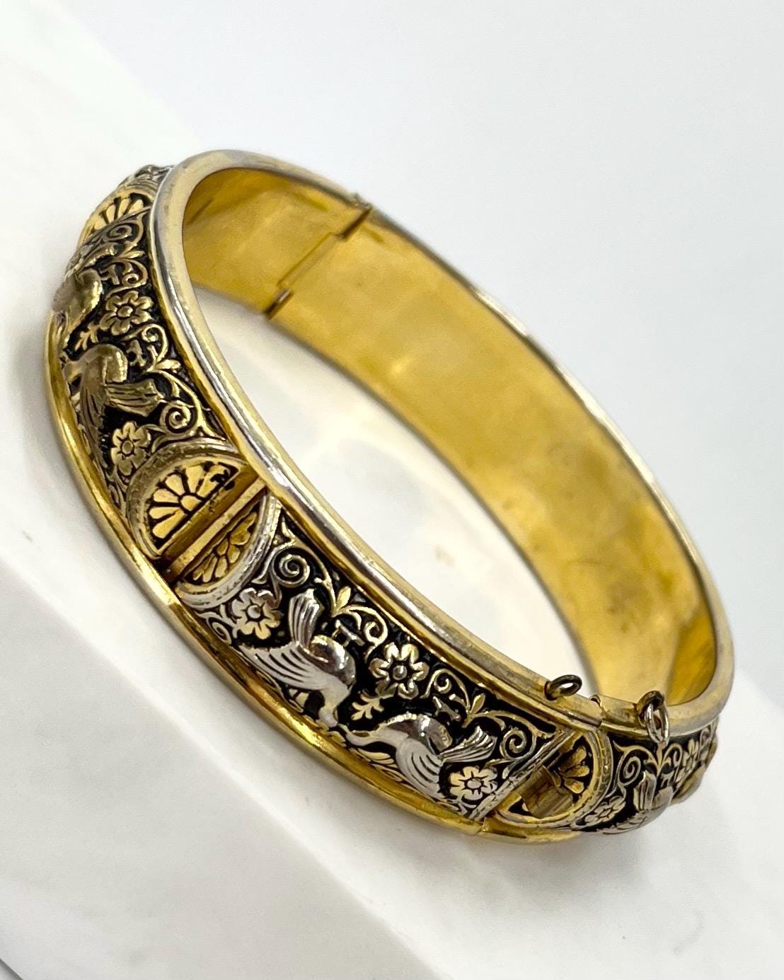 Vintage Gold Tone 1970’s Damascene Hindged Bangle with Dove & Flower Details MillyOliverVintage
