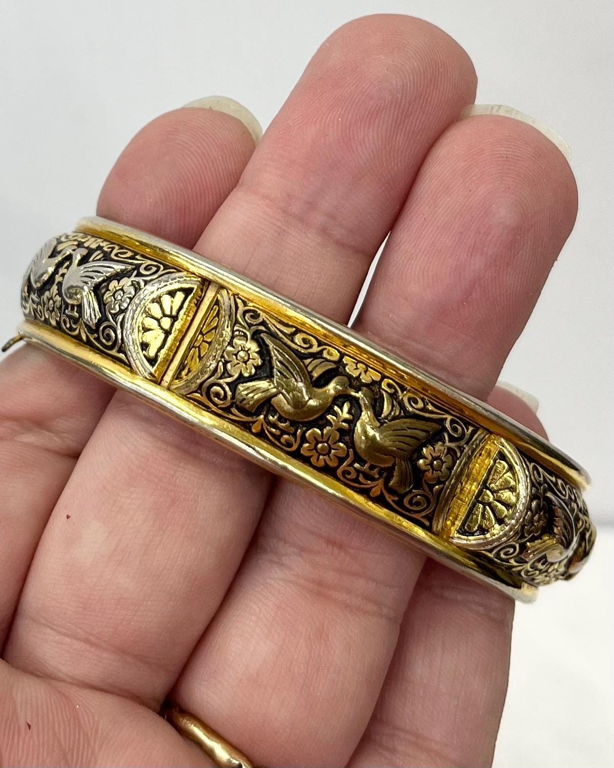 Vintage Gold Tone 1970’s Damascene Hindged Bangle with Dove & Flower Details MillyOliverVintage