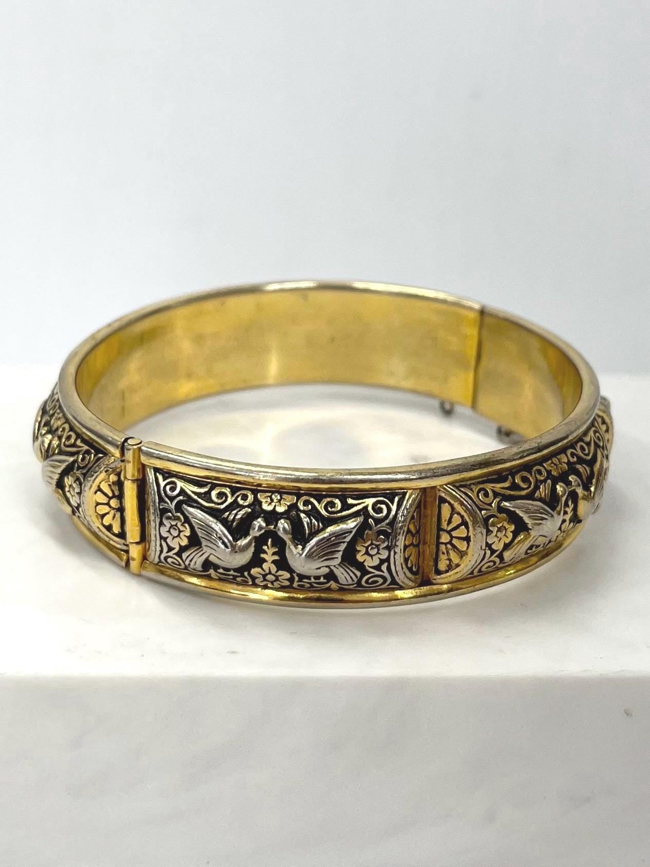Vintage Gold Tone 1970’s Damascene Hindged Bangle with Dove & Flower Details MillyOliverVintage