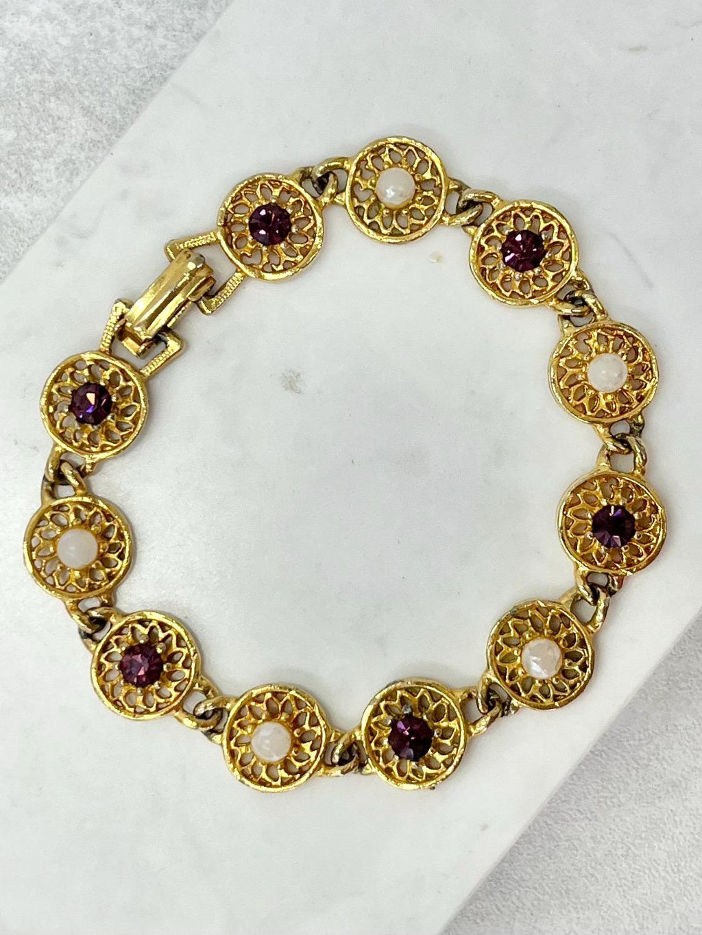 Vintage Filigree Amethyst Crystal & Glass Pearl Bracelet MillyOliverVintage