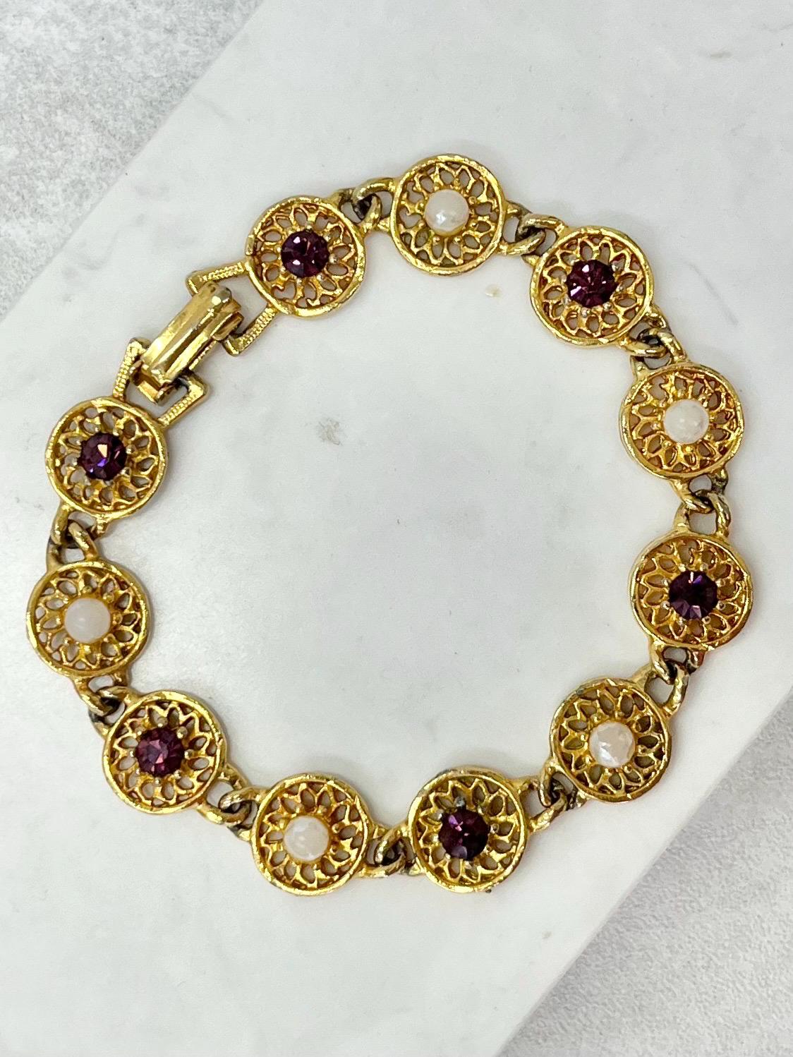 Vintage Filigree Amethyst Crystal & Glass Pearl Bracelet MillyOliverVintage