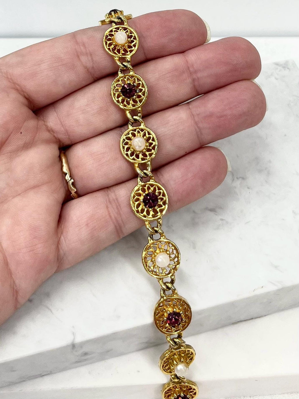 Vintage Filigree Amethyst Crystal & Glass Pearl Bracelet MillyOliverVintage