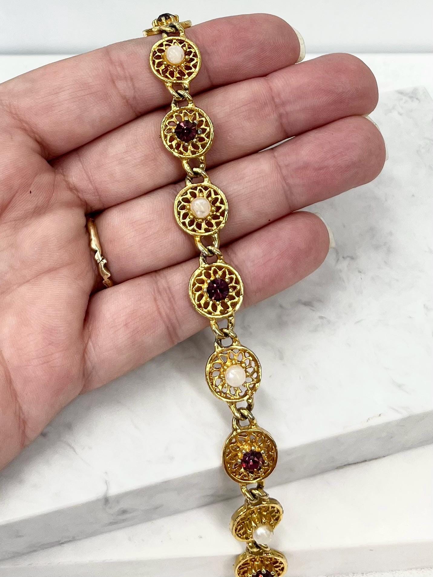 Vintage Filigree Amethyst Crystal & Glass Pearl Bracelet MillyOliverVintage