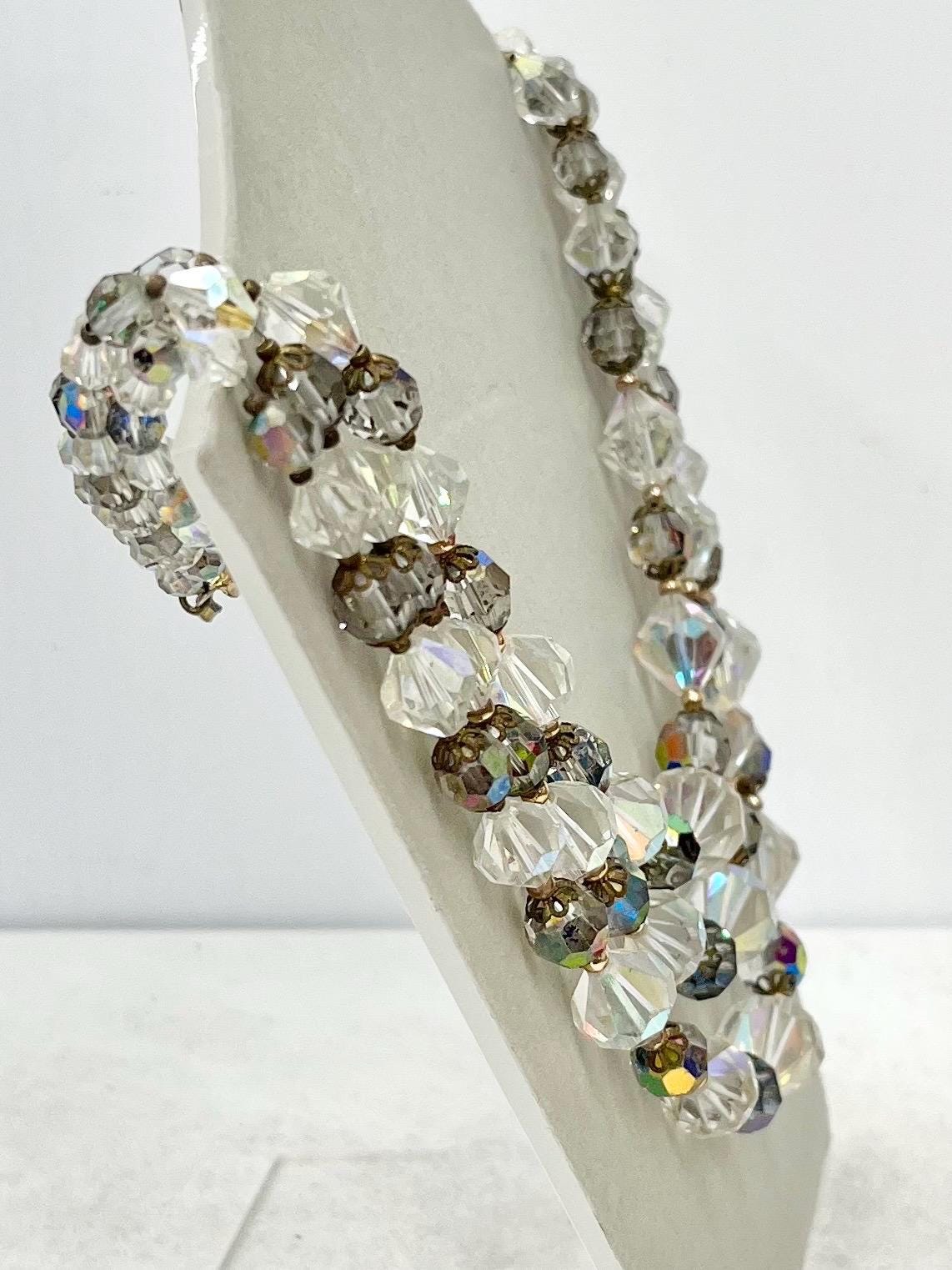 Vintage 1950’s Three Strand Austrian Glass Crystal Bead Necklace with Aurora Borealis and Vitrail Coatings Beautifully Cut Crystals MillyOliverVintage