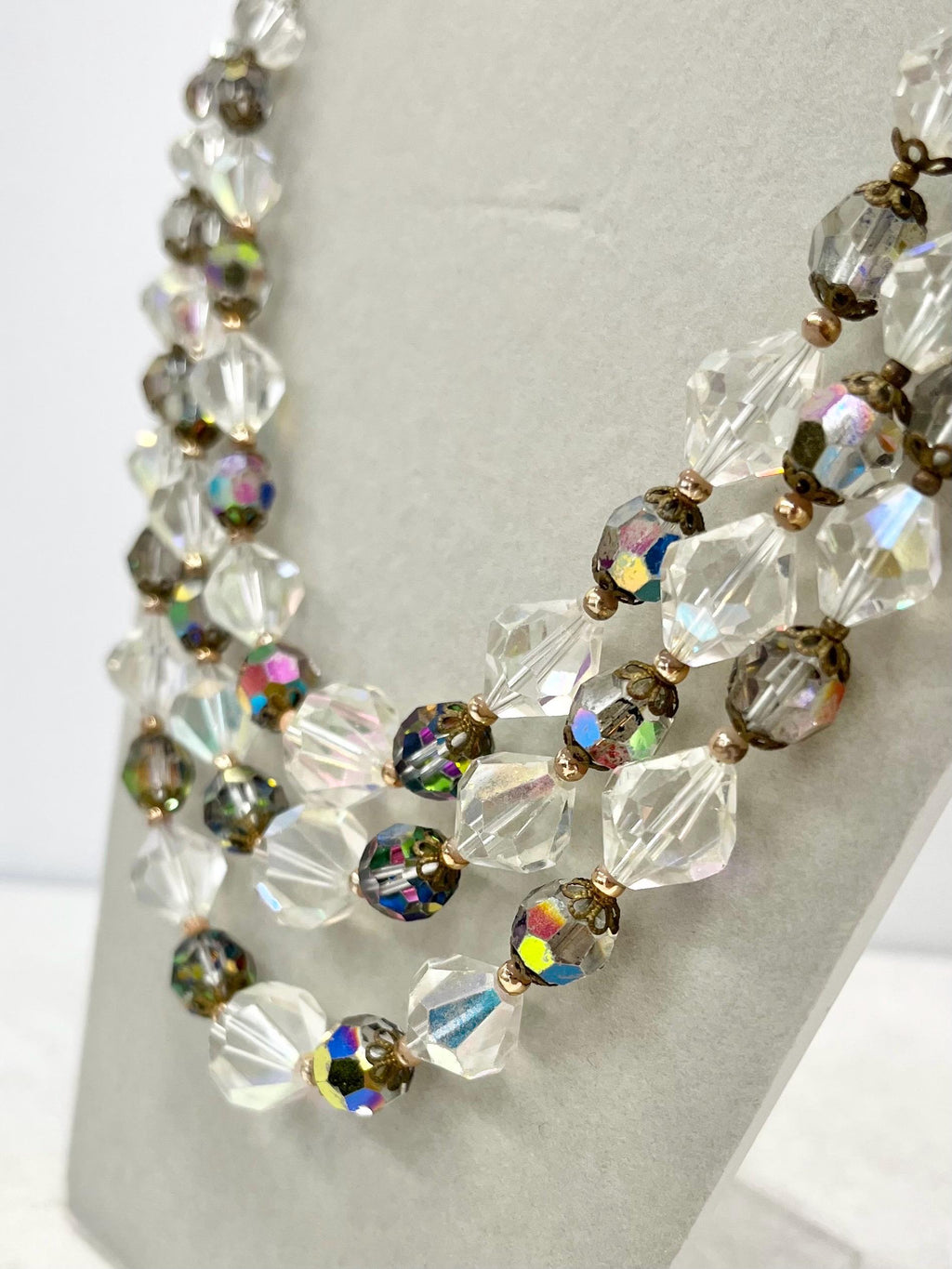 Vintage 1950’s Three Strand Austrian Glass Crystal Bead Necklace with Aurora Borealis and Vitrail Coatings Beautifully Cut Crystals MillyOliverVintage