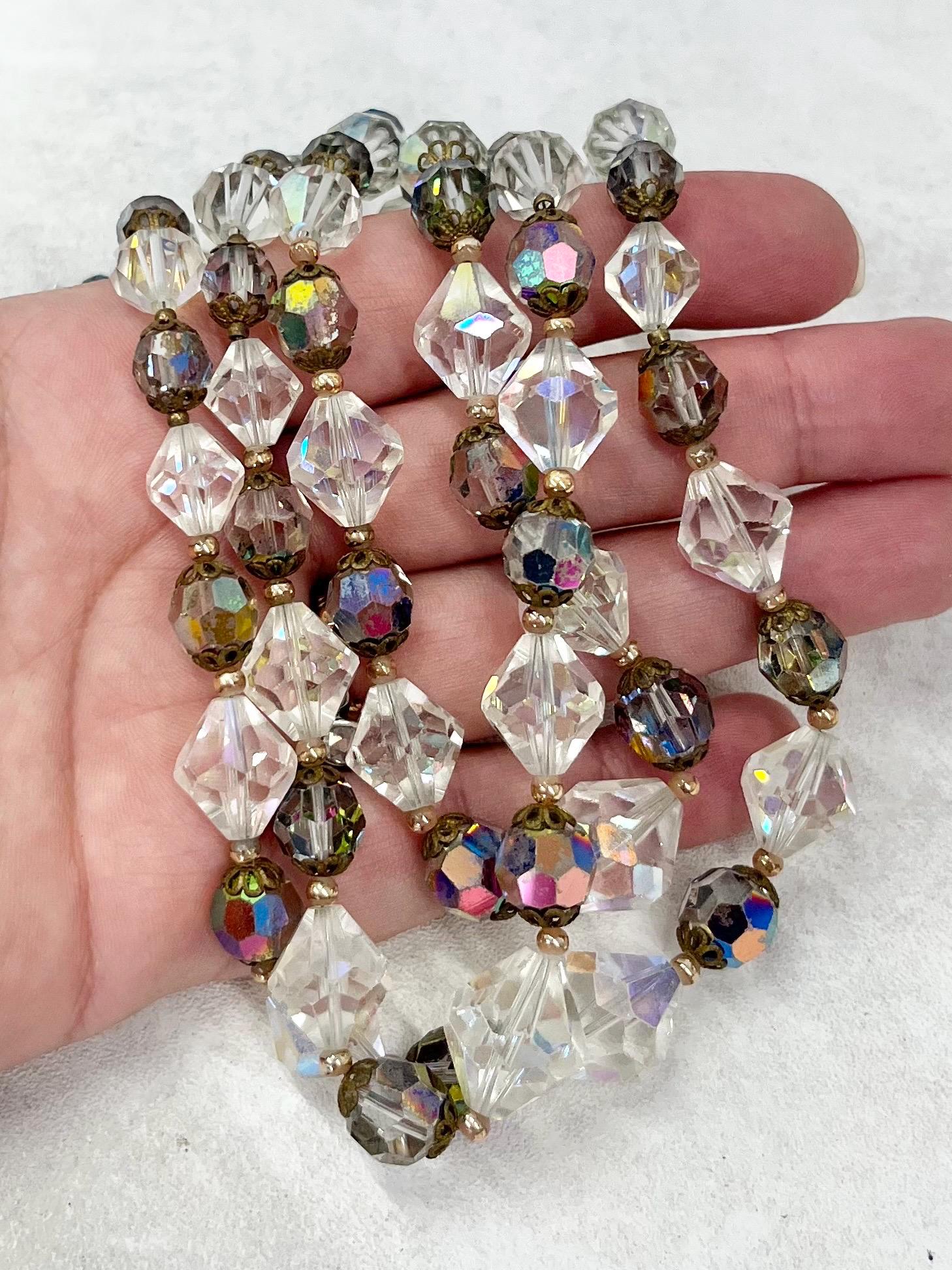 Vintage 1950’s Three Strand Austrian Glass Crystal Bead Necklace with Aurora Borealis and Vitrail Coatings Beautifully Cut Crystals MillyOliverVintage