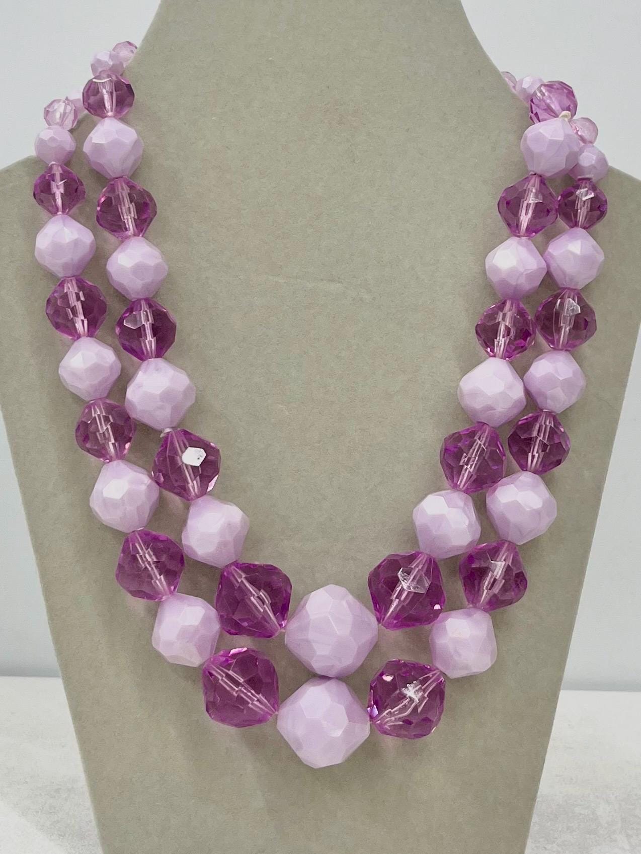 Vintage German Chunky Two Strand Lilac & Lavender Purple Acrylic Bead Necklace Statement Jewellery 16” with a 2” Extender Chain MillyOliverVintage