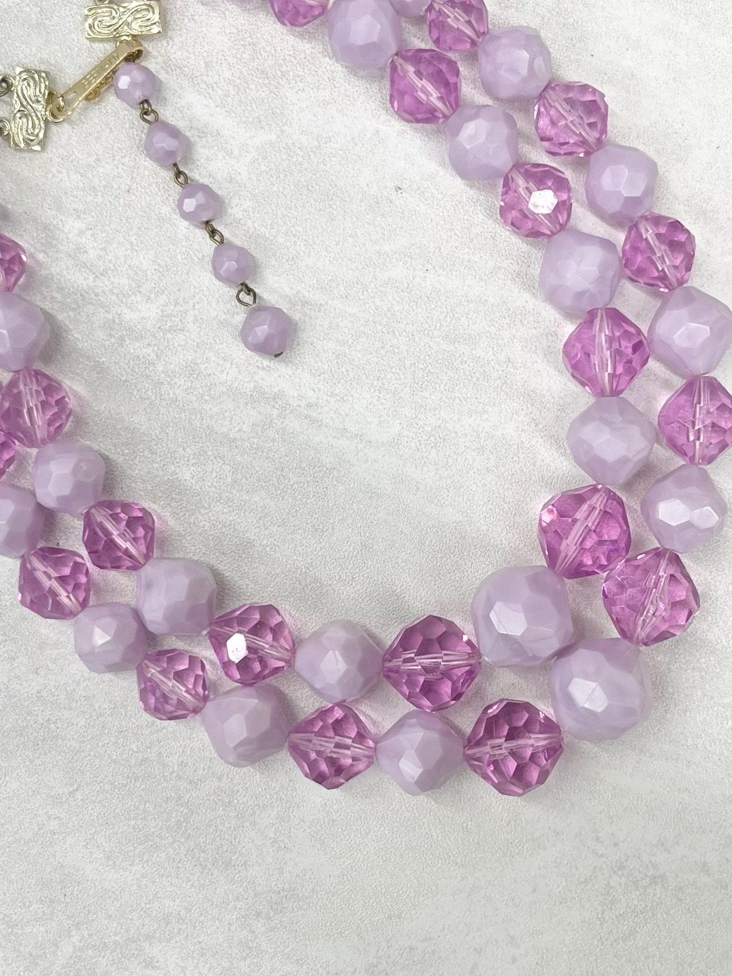 Vintage German Chunky Two Strand Lilac & Lavender Purple Acrylic Bead Necklace Statement Jewellery 16” with a 2” Extender Chain MillyOliverVintage