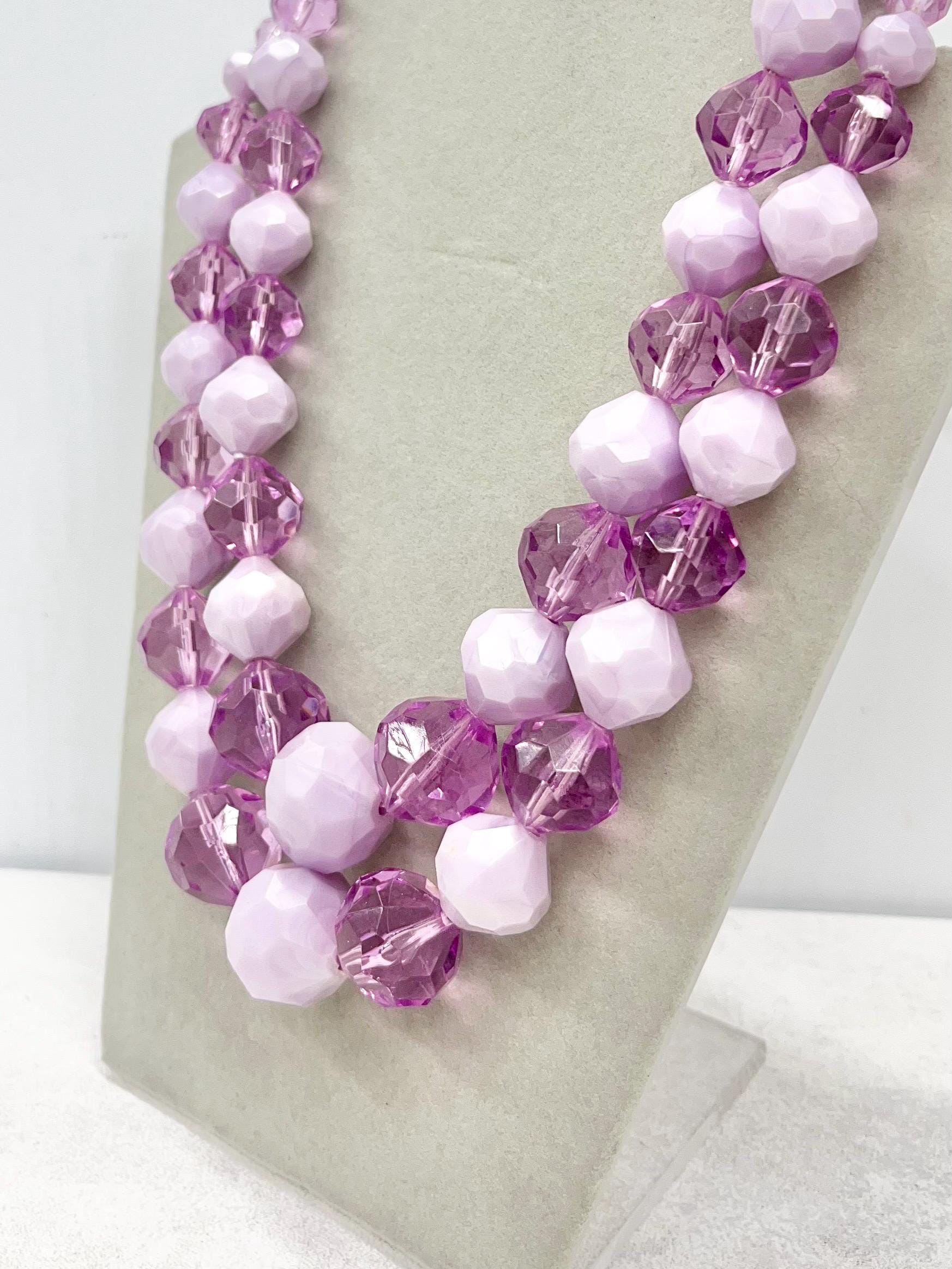 Vintage German Chunky Two Strand Lilac & Lavender Purple Acrylic Bead Necklace Statement Jewellery 16” with a 2” Extender Chain MillyOliverVintage