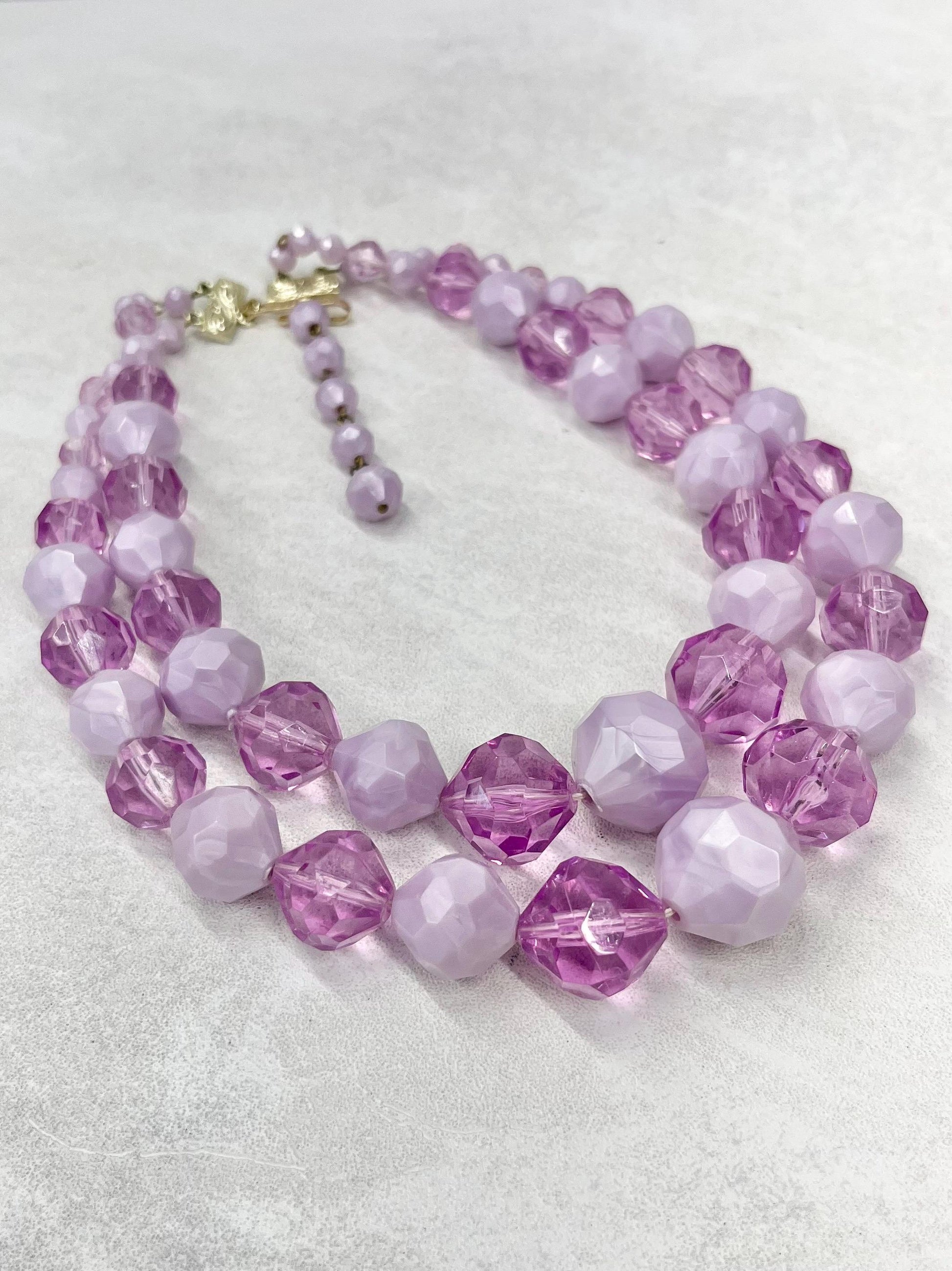 Vintage German Chunky Two Strand Lilac & Lavender Purple Acrylic Bead Necklace Statement Jewellery 16” with a 2” Extender Chain MillyOliverVintage