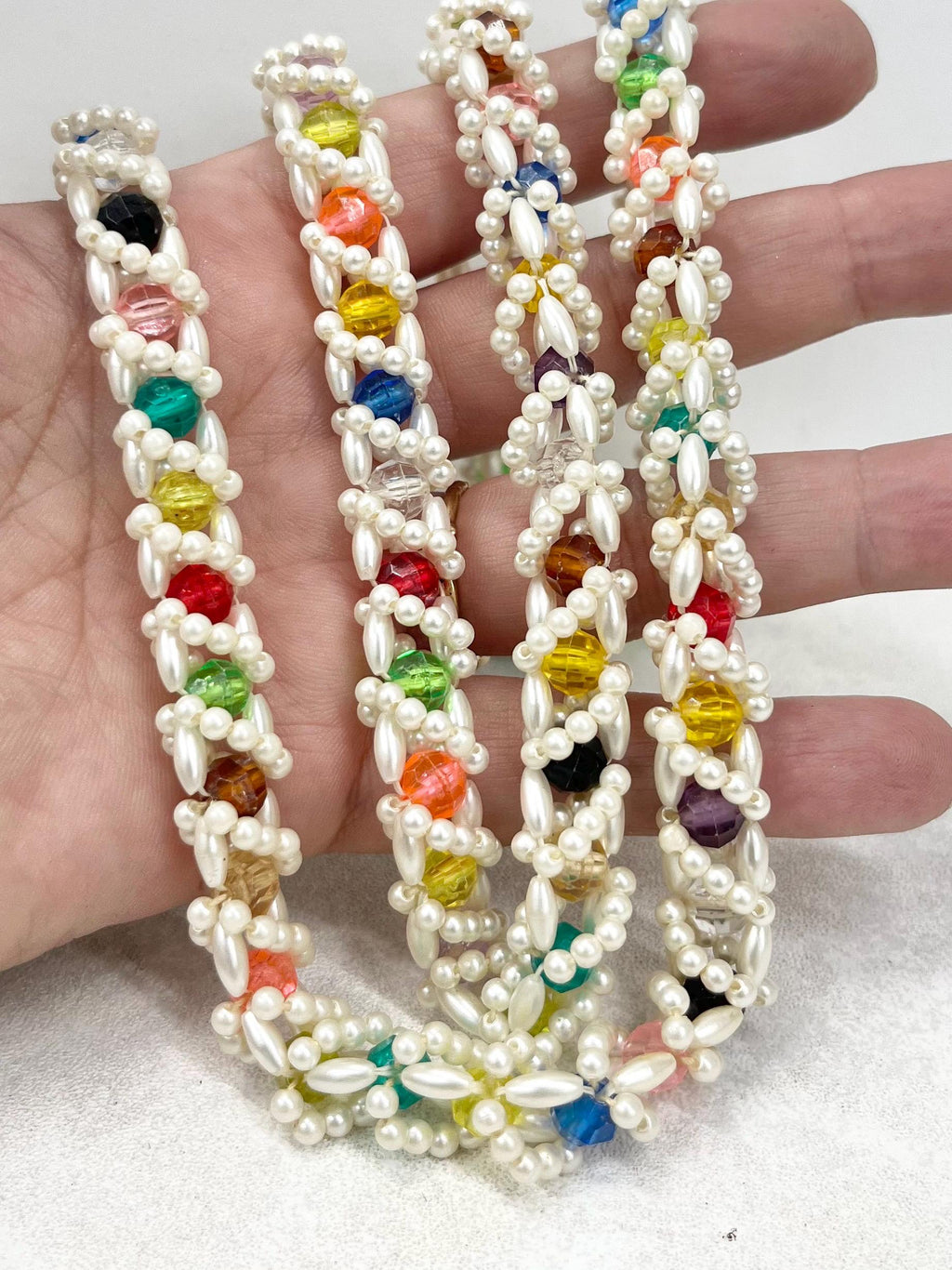 Vintage 1980’s White Acrylic Pearl & Multi Coloured Faceted Bead Necklace Fabulous Kitsch Crocheted Style Necklace MillyOliverVintage
