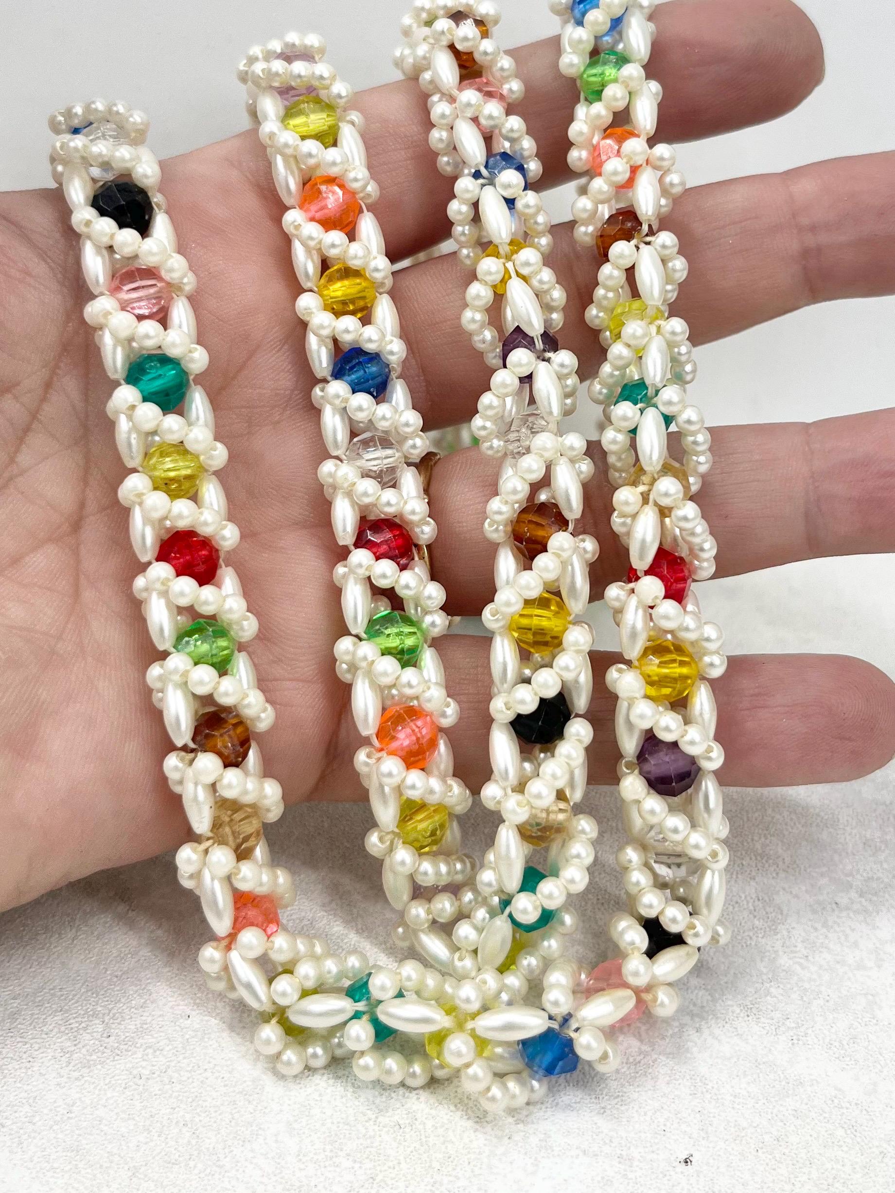 Vintage 1980’s White Acrylic Pearl & Multi Coloured Faceted Bead Necklace Fabulous Kitsch Crocheted Style Necklace MillyOliverVintage