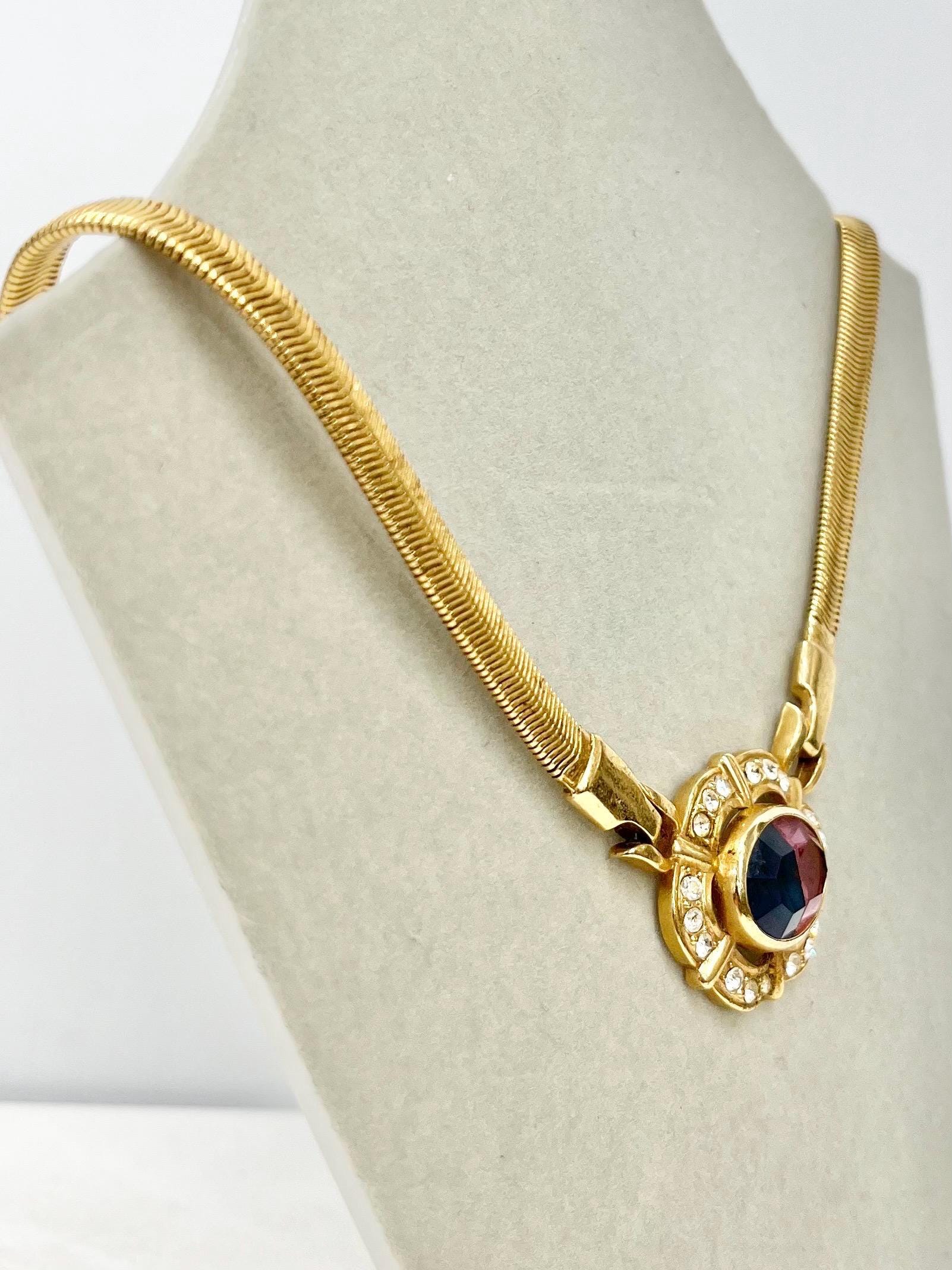 Vintage Pink & Blue Glass Stone Gold Tone Herringbone Necklace Crystals Excellent Quality Vintage Jewellery 16” Long with 2” Extender MillyOliverVintage