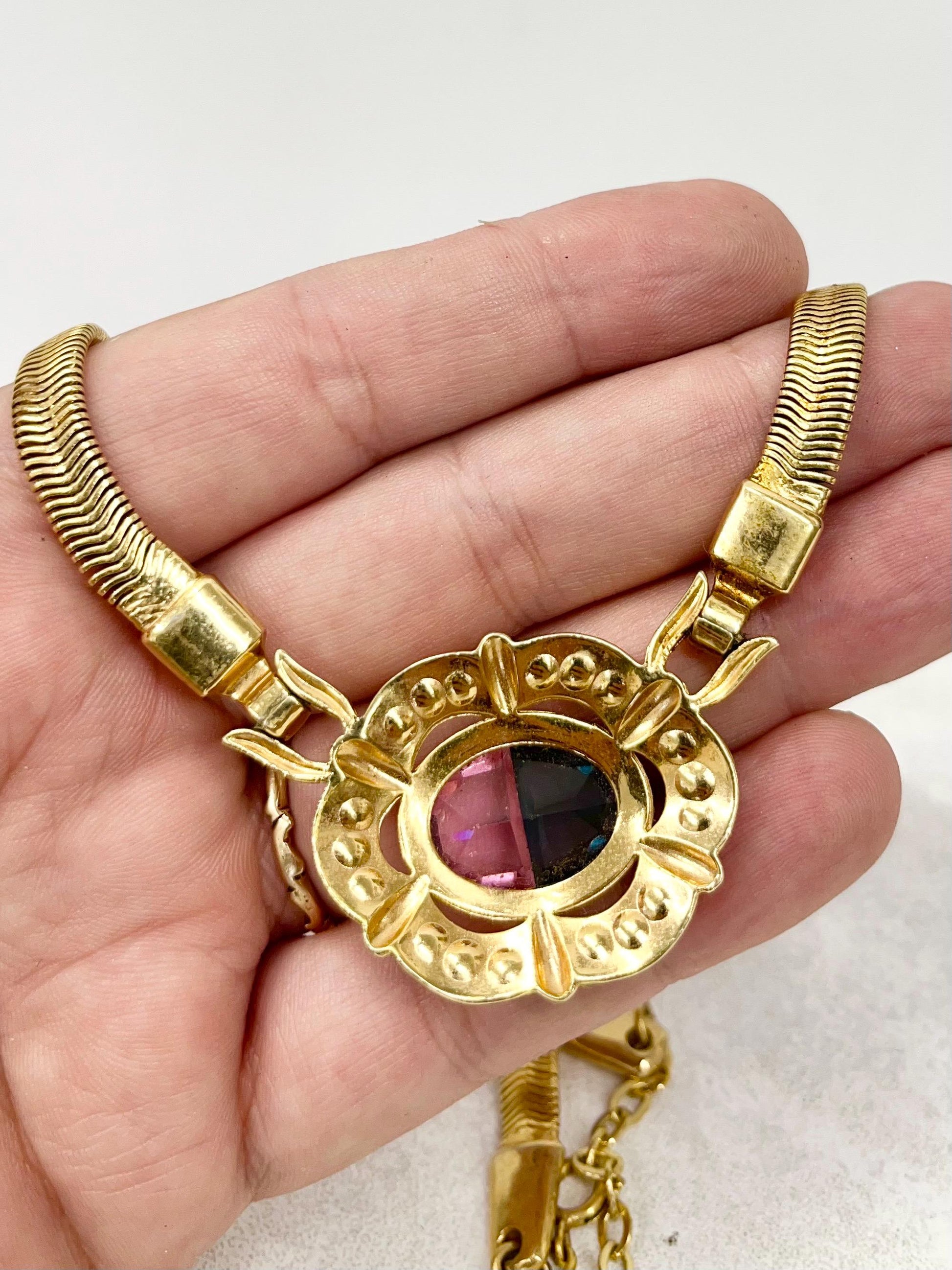 Vintage Pink & Blue Glass Stone Gold Tone Herringbone Necklace Crystals Excellent Quality Vintage Jewellery 16” Long with 2” Extender MillyOliverVintage