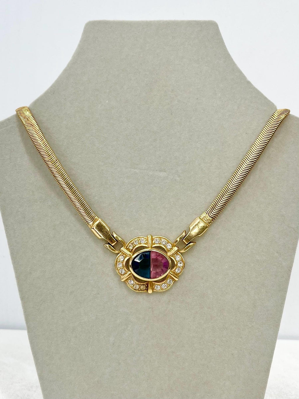 Vintage Pink & Blue Glass Stone Gold Tone Herringbone Necklace Crystals Excellent Quality Vintage Jewellery 16” Long with 2” Extender MillyOliverVintage