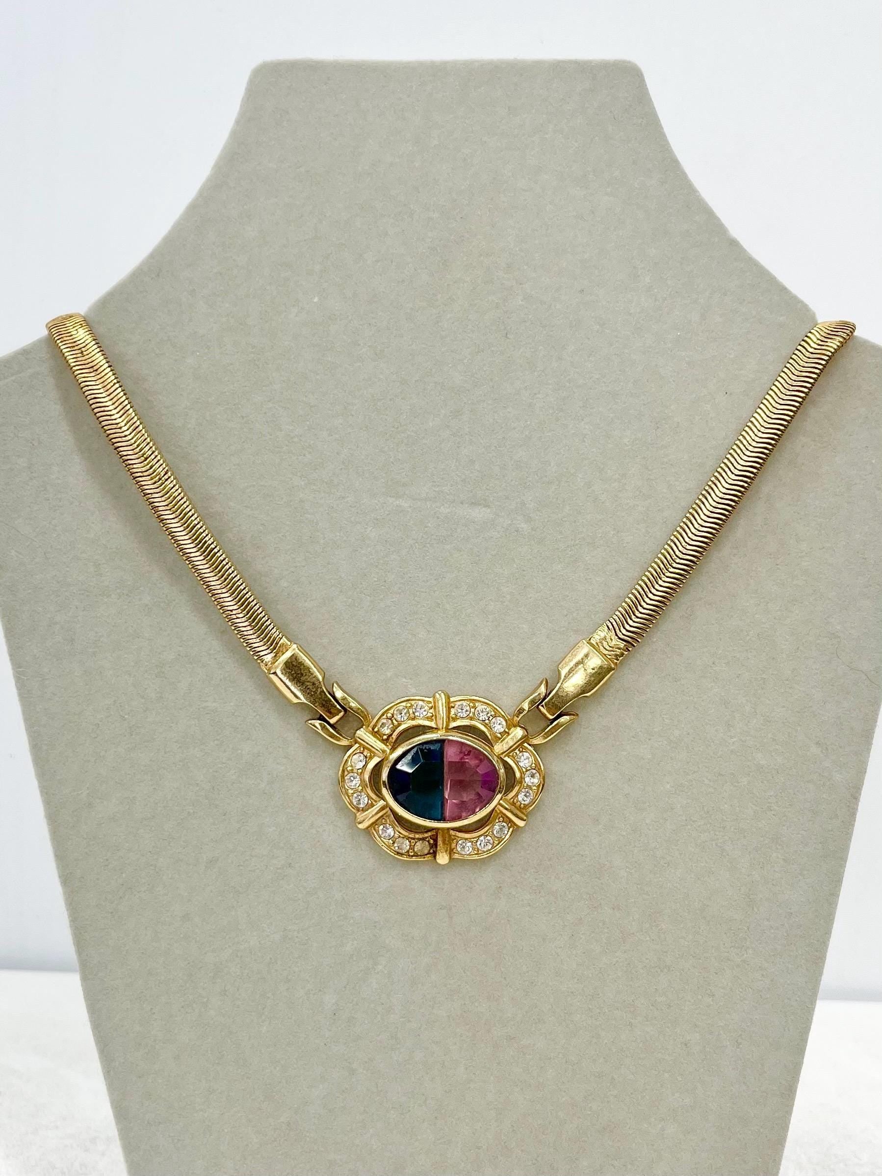 Vintage Pink & Blue Glass Stone Gold Tone Herringbone Necklace Crystals Excellent Quality Vintage Jewellery 16” Long with 2” Extender MillyOliverVintage