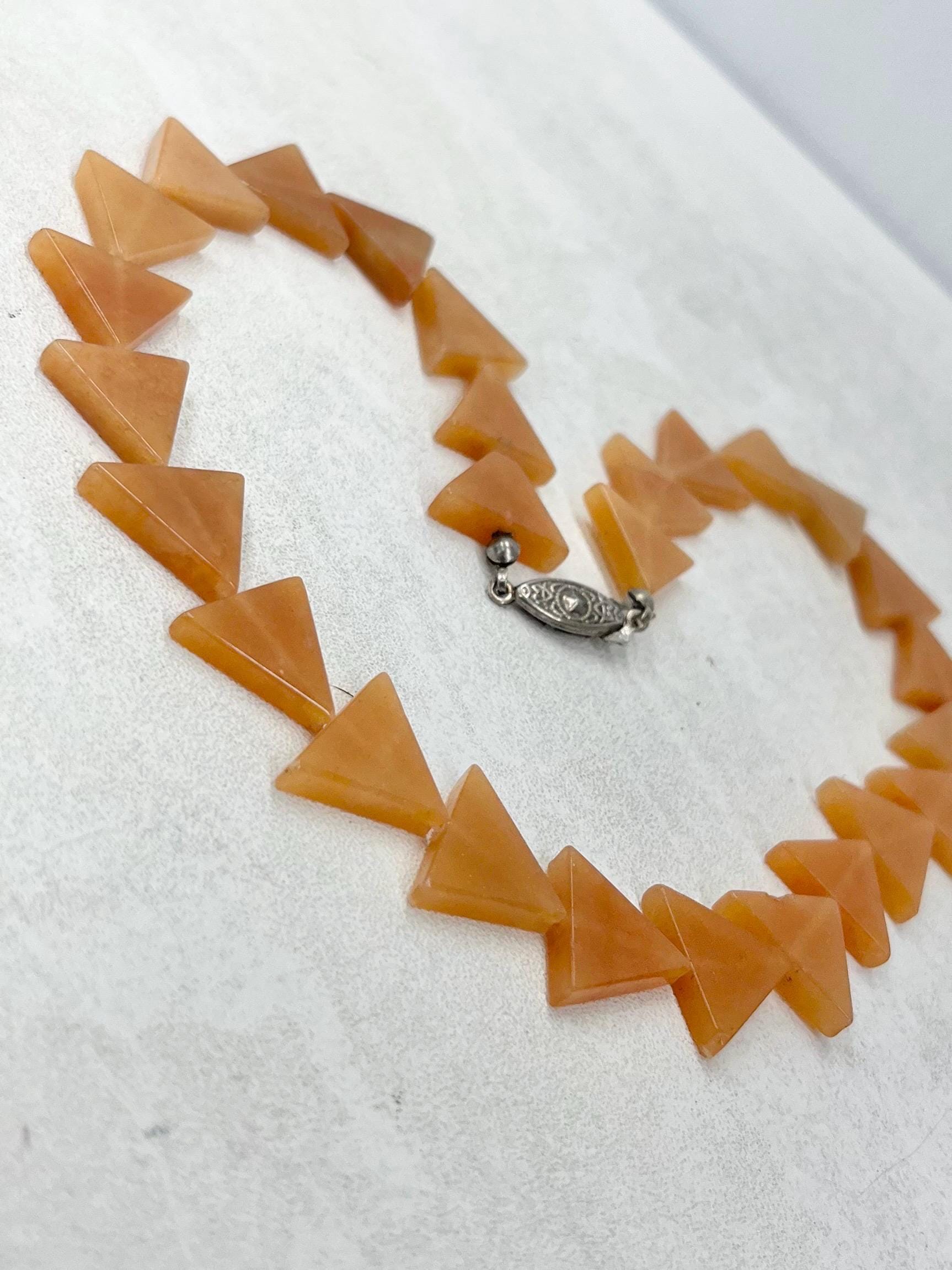 Vintage Triangle Orange Aventurine Beaded Necklace Unusual Semi Precious Necklace 17” Long MillyOliverVintage