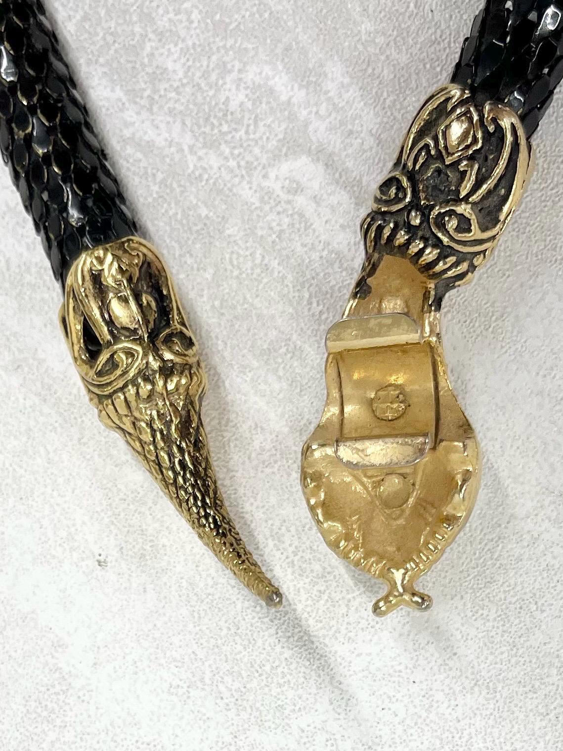 Vintage DL Auld Black Mesh Snake Necklace Adjustable Length with Gold Tone Head & Tail and Crystal Eyes Designer Necklace / Choker MillyOliverVintage