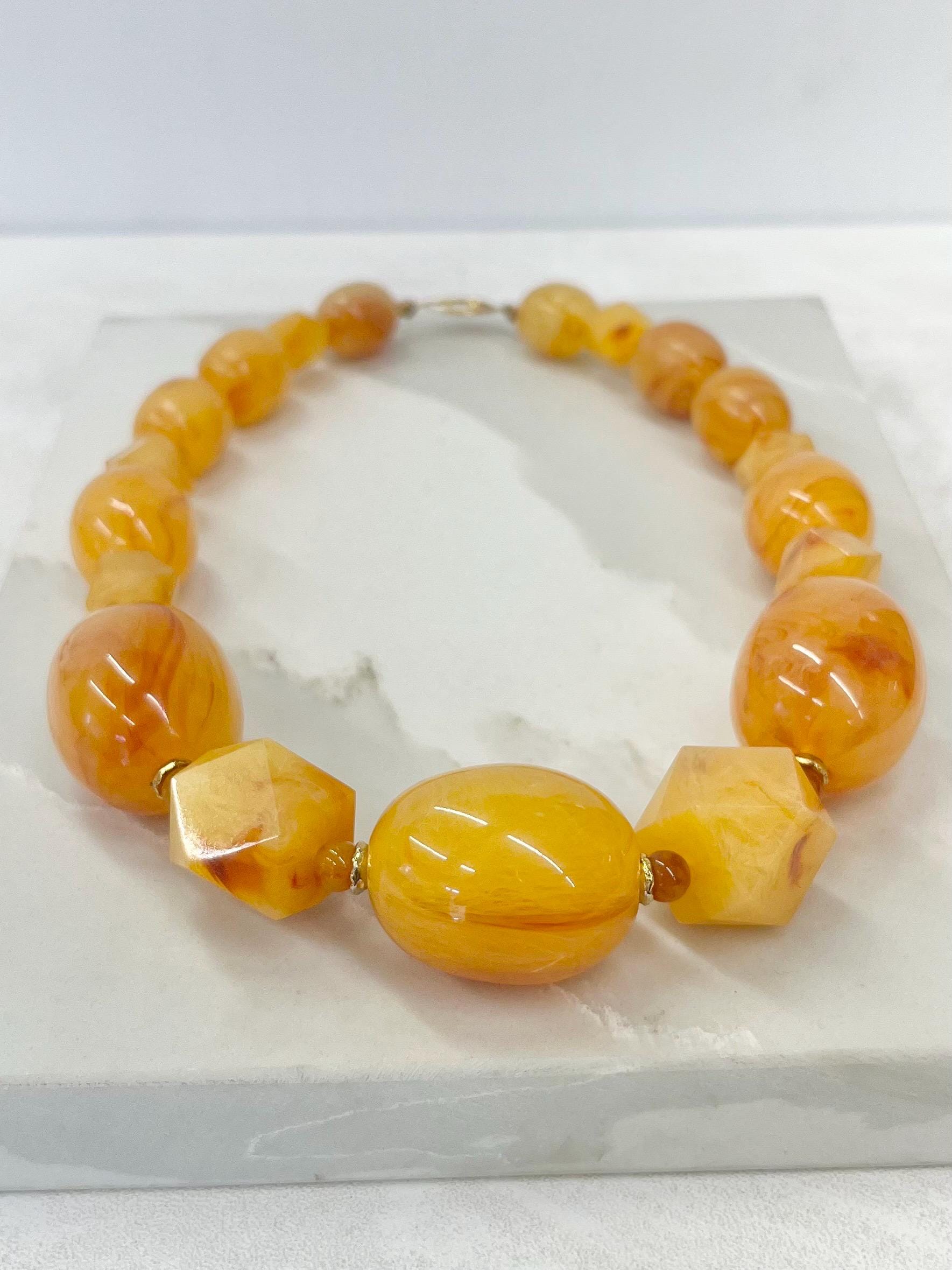 Vintage Two Tone Amber Marbled Acrylic / Lucite / Plastic Chunky Bead Necklace 17” Long MillyOliverVintage