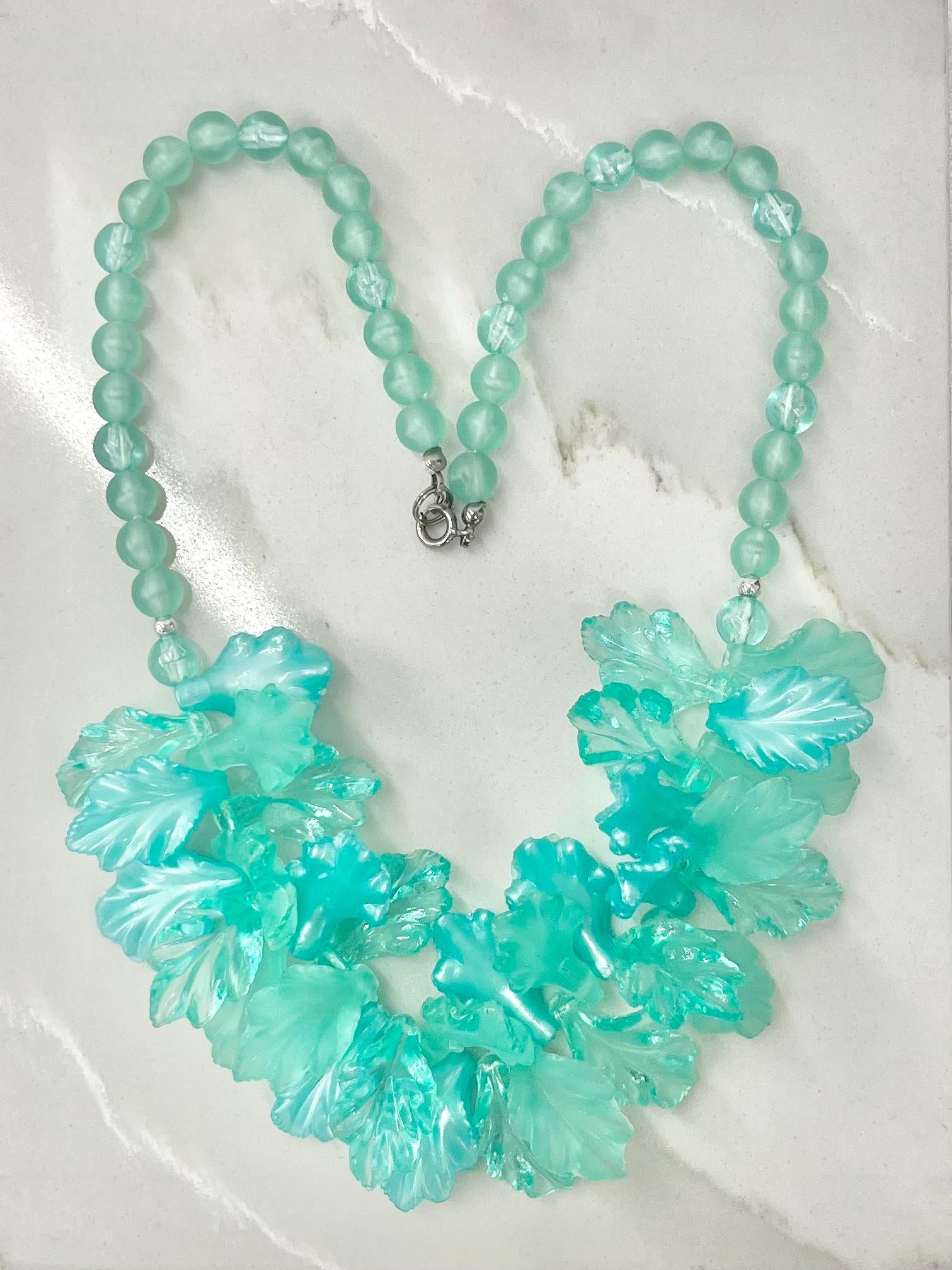 Vintage 1970’s Turquoise Aqua Blue Lucite Plastic Leaf Cluster Necklace Fabulous Statement Leafy Design Necklace MillyOliverVintage