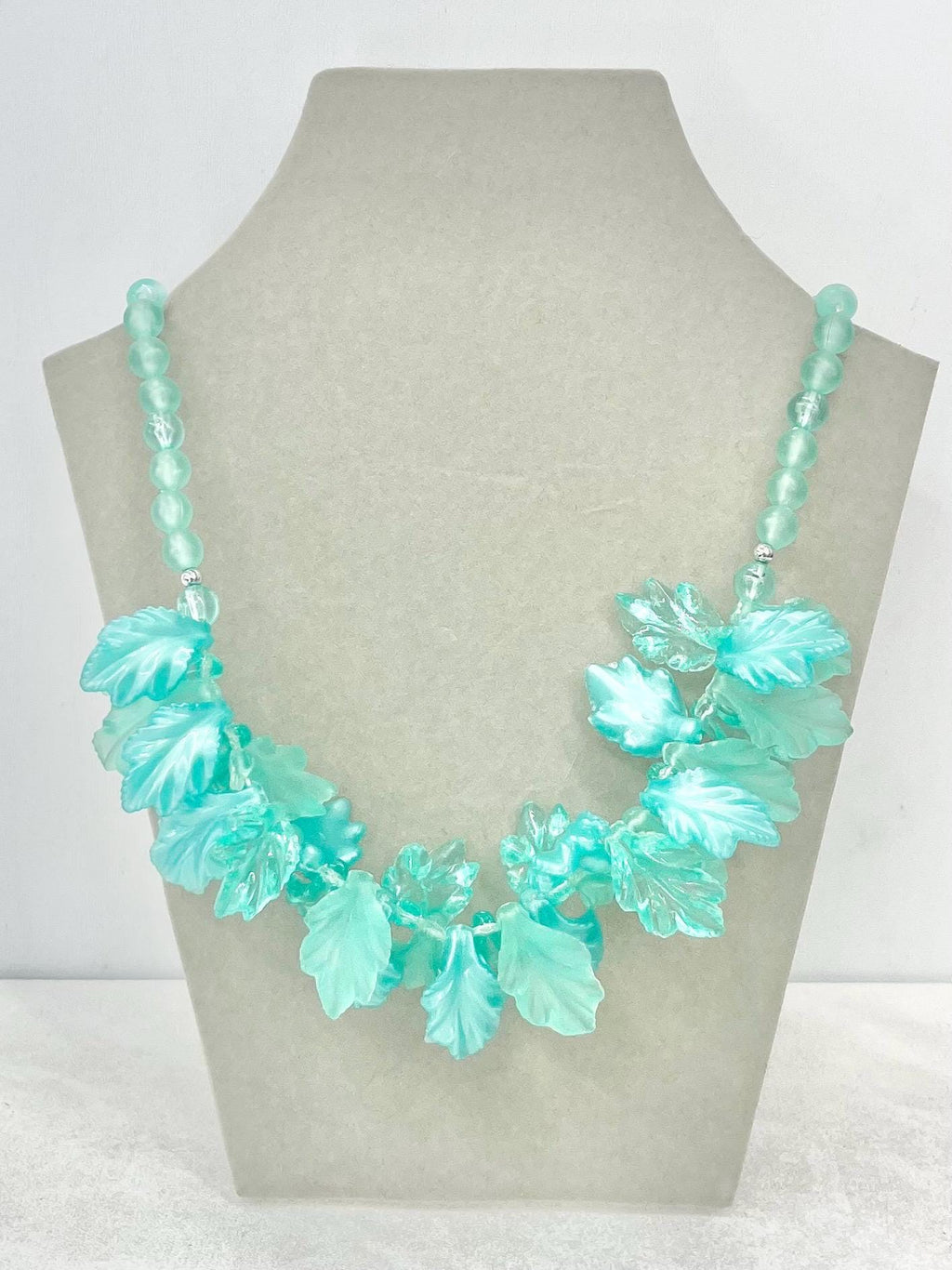 Vintage 1970’s Turquoise Aqua Blue Lucite Plastic Leaf Cluster Necklace Fabulous Statement Leafy Design Necklace MillyOliverVintage