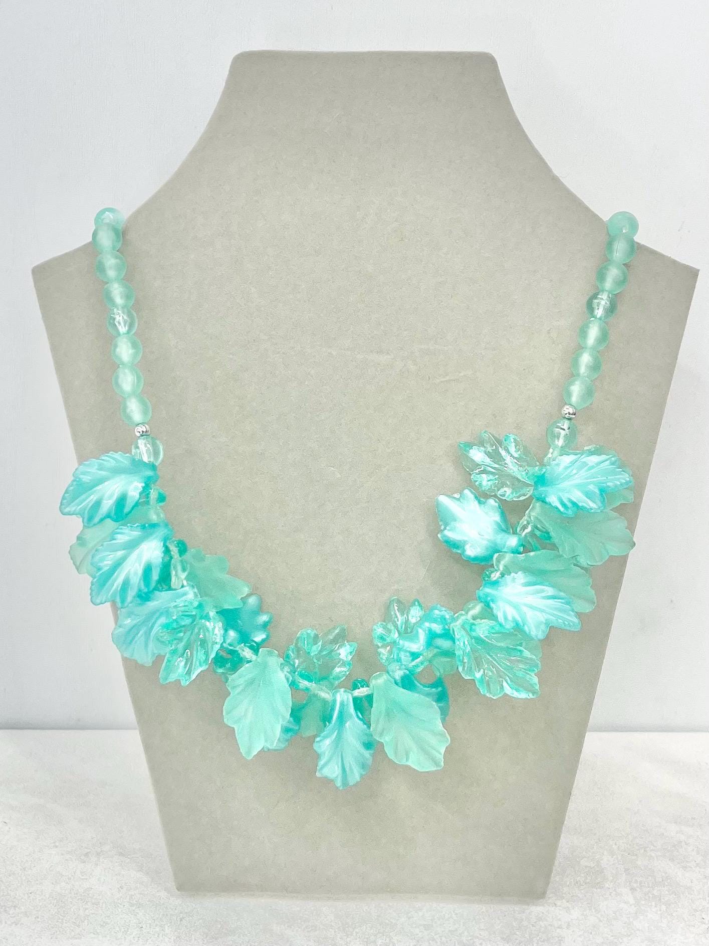 Vintage 1970’s Turquoise Aqua Blue Lucite Plastic Leaf Cluster Necklace Fabulous Statement Leafy Design Necklace MillyOliverVintage