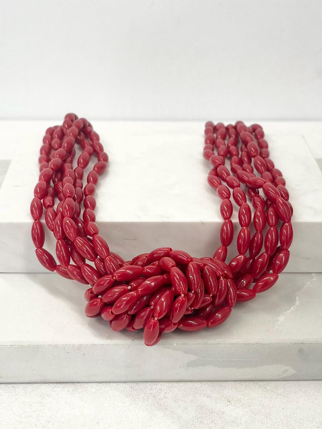 Vintage 1970’s - 1980’s Multi Strand Knotted Acrylic Red Bead Necklace 19” with a 3” Extender Chain MillyOliverVintage
