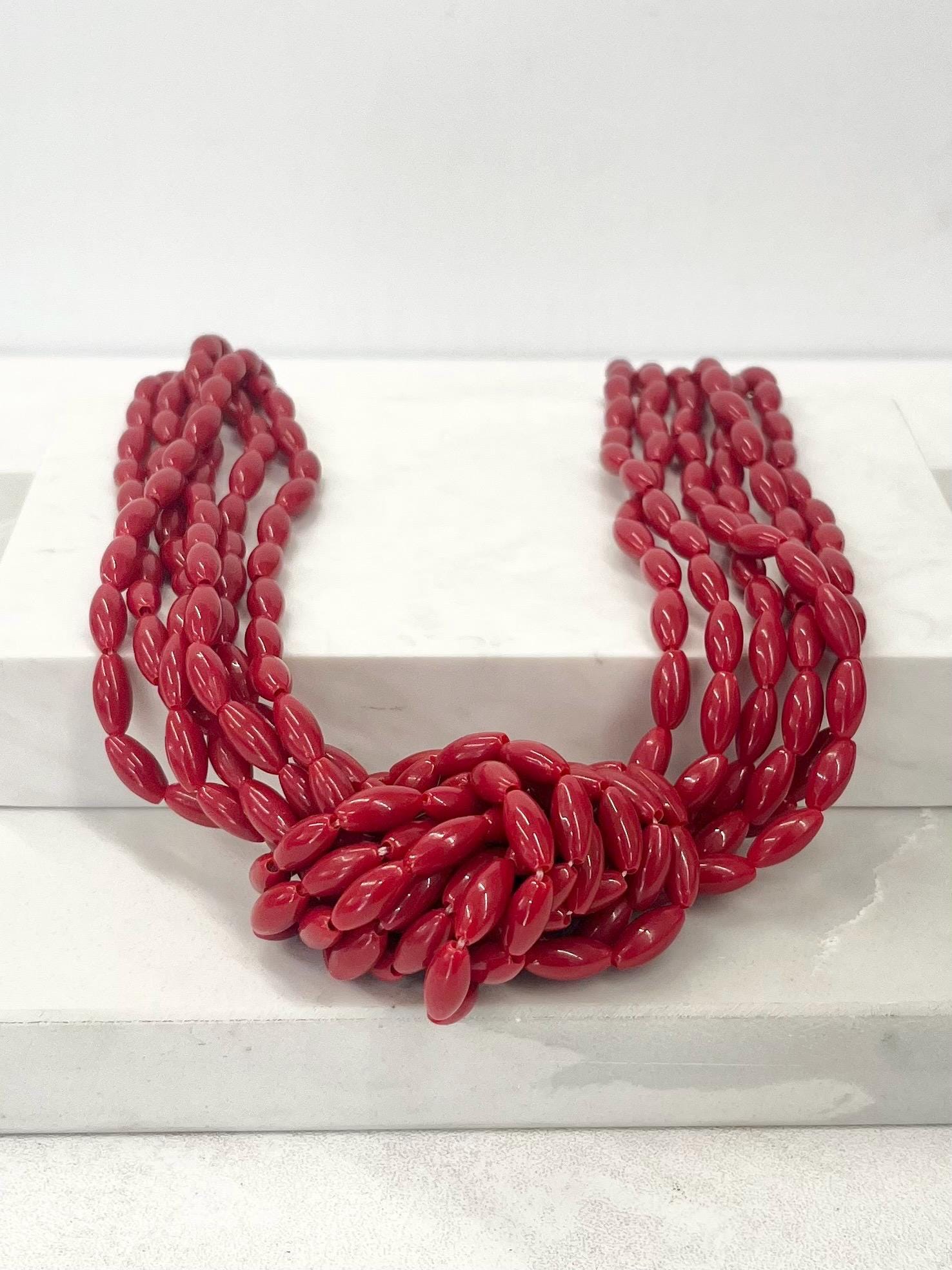 Vintage 1970’s - 1980’s Multi Strand Knotted Acrylic Red Bead Necklace 19” with a 3” Extender Chain MillyOliverVintage