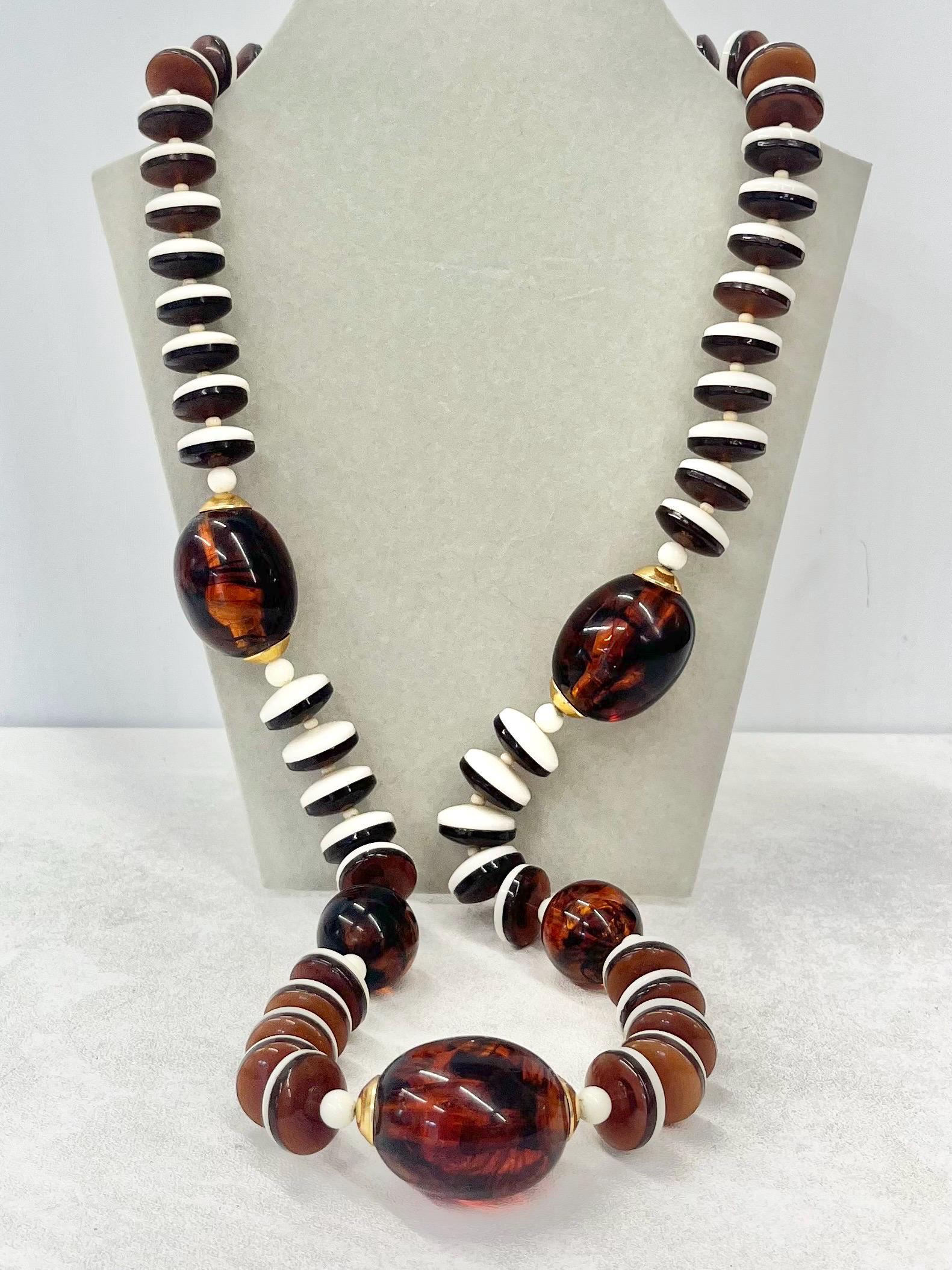 Vintage 1970’s - 1980’s Chunky Brown & Cream Acrylic Bead Necklace 29” Long MillyOliverVintage