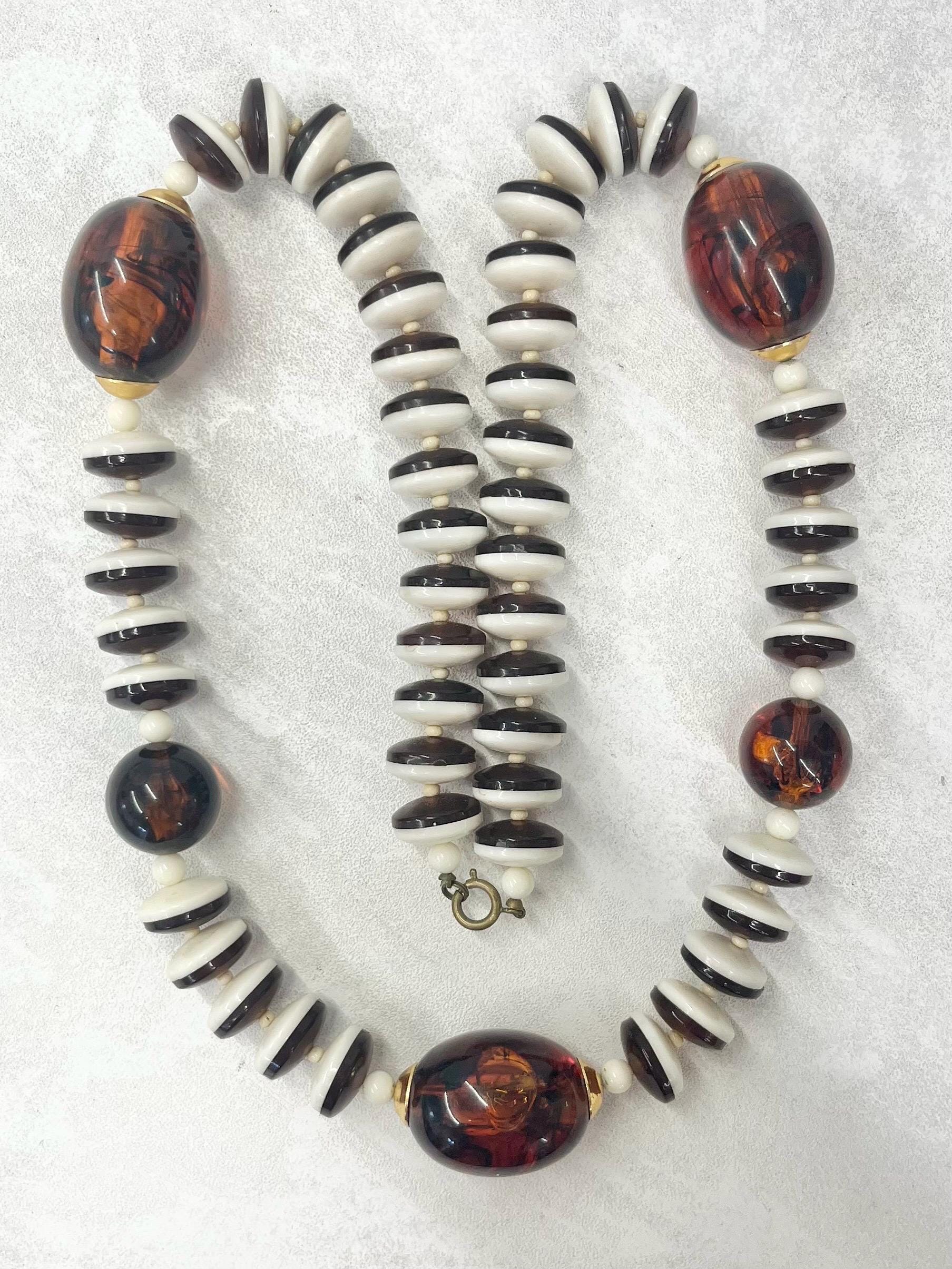 Vintage 1970’s - 1980’s Chunky Brown & Cream Acrylic Bead Necklace 29” Long MillyOliverVintage