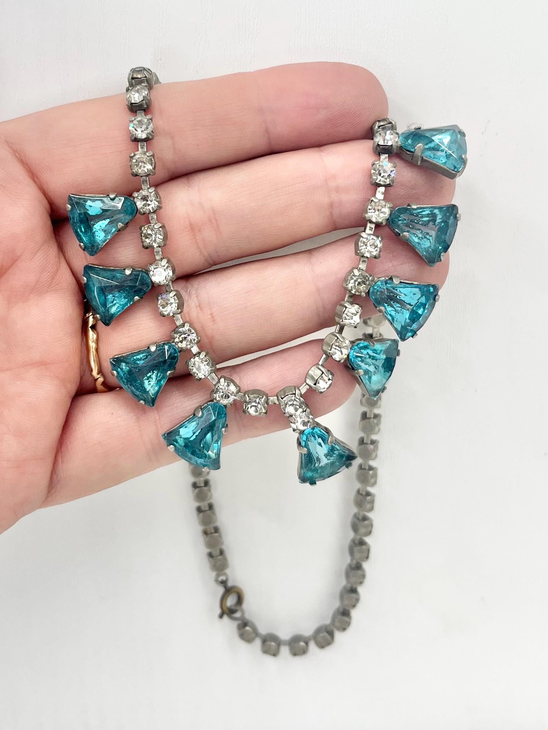 Vintage Silver Tone Turquoise Drop Diamante Crystal Paste Necklace 1960’s Beautiful Sparkles 16” MillyOliverVintage