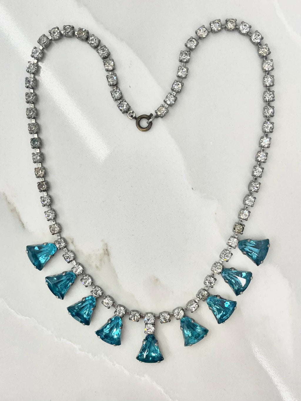 Vintage Silver Tone Turquoise Drop Diamante Crystal Paste Necklace 1960’s Beautiful Sparkles 16” MillyOliverVintage