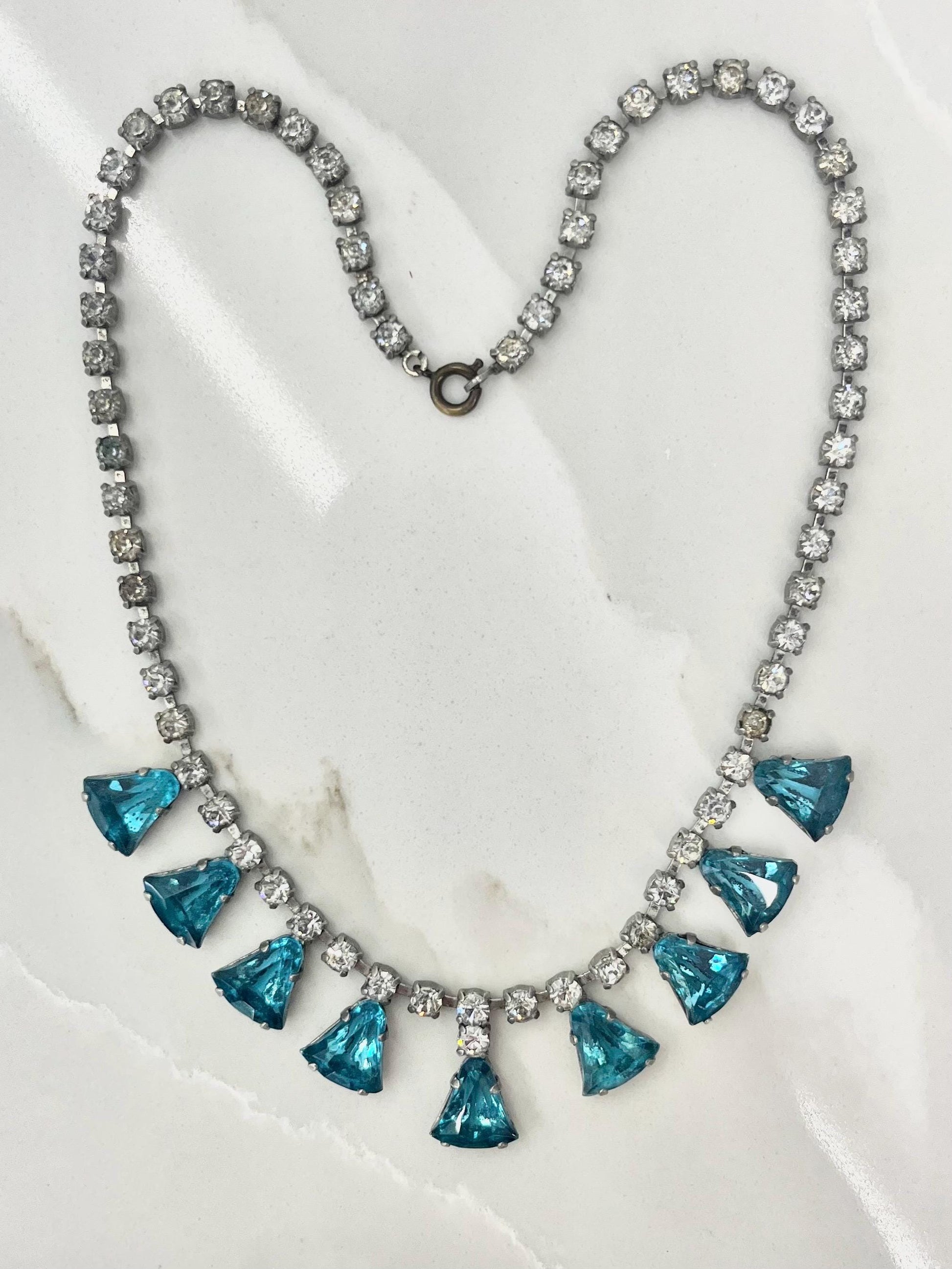 Vintage Silver Tone Turquoise Drop Diamante Crystal Paste Necklace 1960’s Beautiful Sparkles 16” MillyOliverVintage