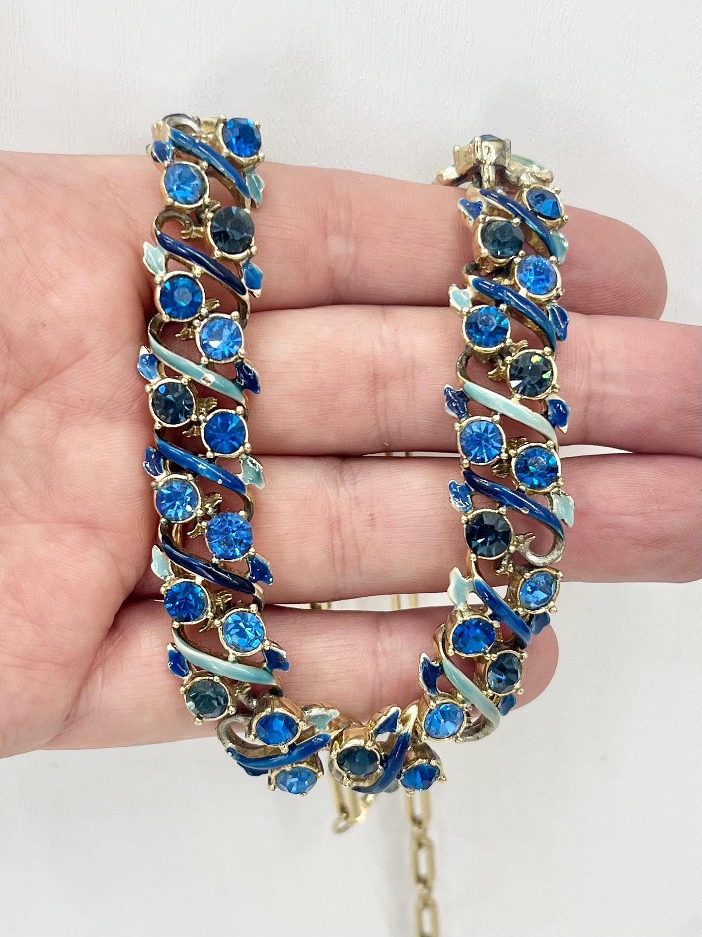 Vintage Gold Tone Blue Diamante Crystal and Enamel Collar Necklace 1960’s Beautiful Sparkles 14” - 17” Long MillyOliverVintage