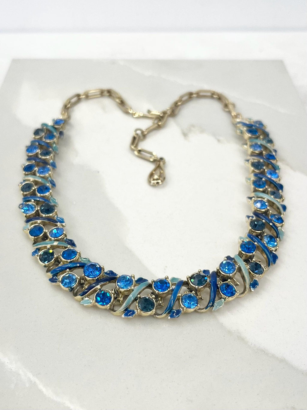 Vintage Gold Tone Blue Diamante Crystal and Enamel Collar Necklace 1960’s Beautiful Sparkles 14” - 17” Long MillyOliverVintage