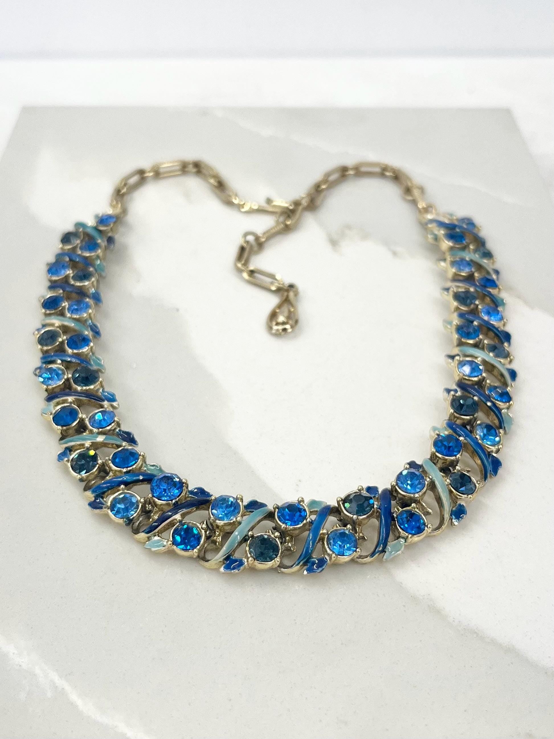 Vintage Gold Tone Blue Diamante Crystal and Enamel Collar Necklace 1960’s Beautiful Sparkles 14” - 17” Long MillyOliverVintage