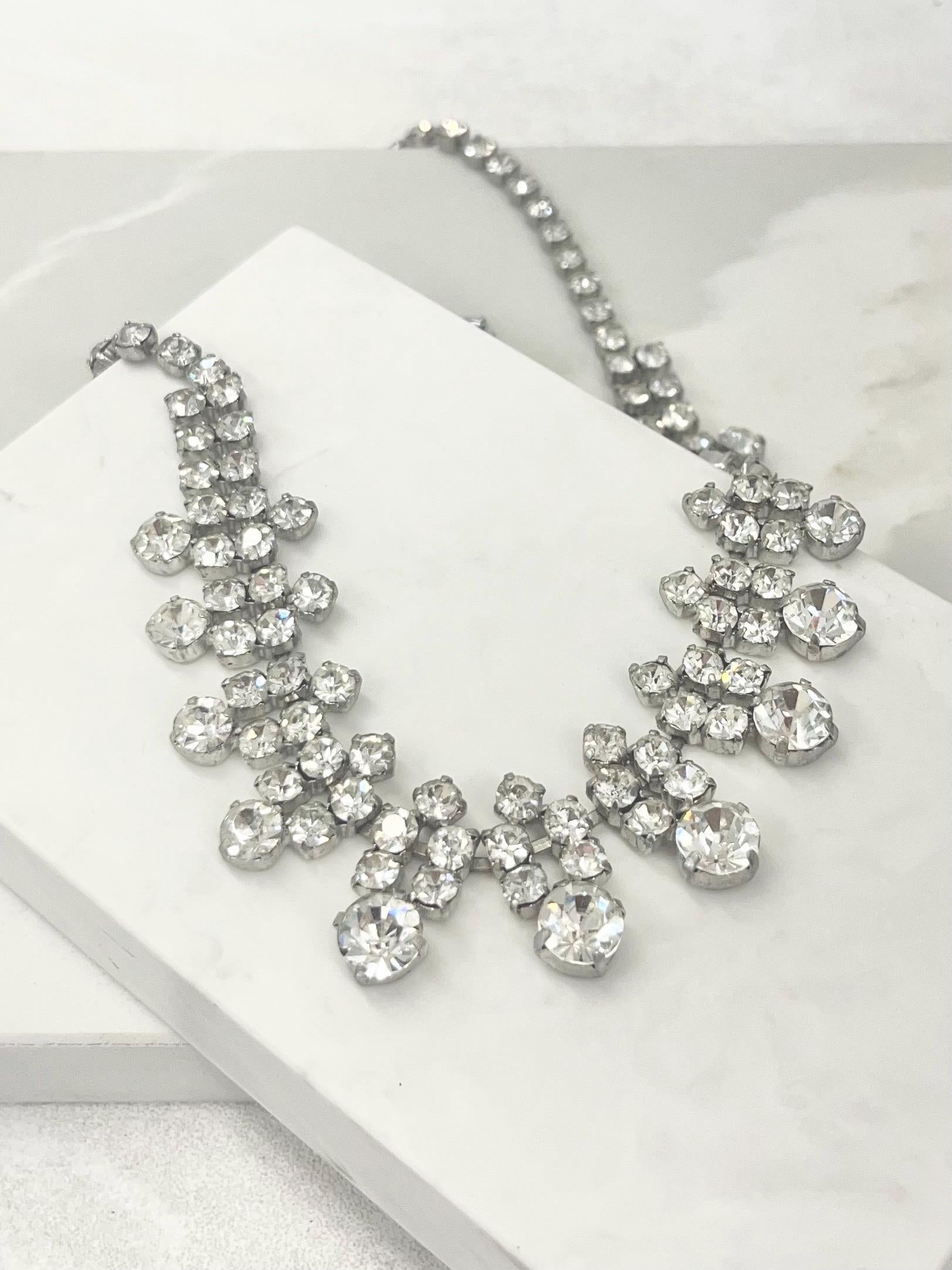 Vintage Silver Tone Clear Crystal Diamante Droplet Necklace 1960’s Beautifully Sparkling MillyOliverVintage