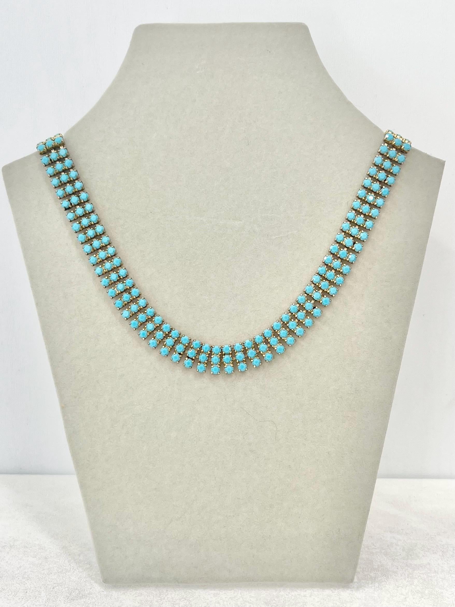 Vintage 1960’s - 1970’s Gold Tone Turquoise Diamante Crystal Cleopatra Style Necklace MillyOliverVintage