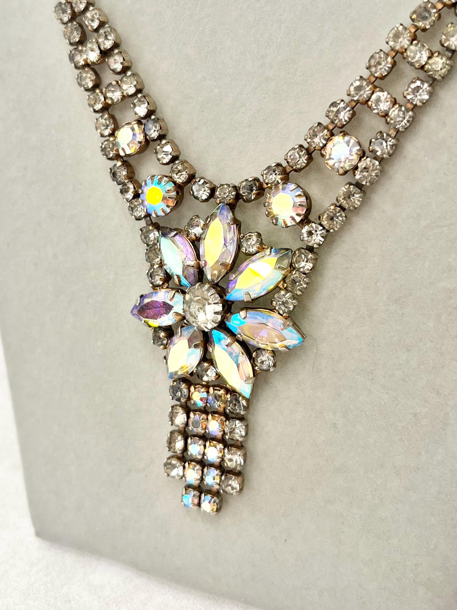 Impressive Vintage Silver Tone Flower Drop Tassle Necklace with Aurora Borealis Crystals 1960’s MillyOliverVintage