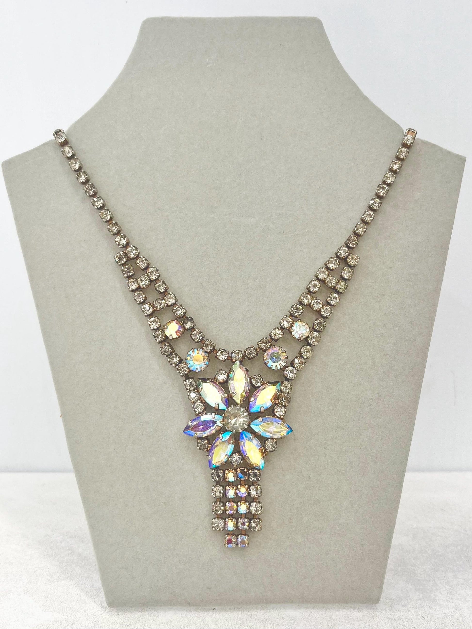 Impressive Vintage Silver Tone Flower Drop Tassle Necklace with Aurora Borealis Crystals 1960’s MillyOliverVintage