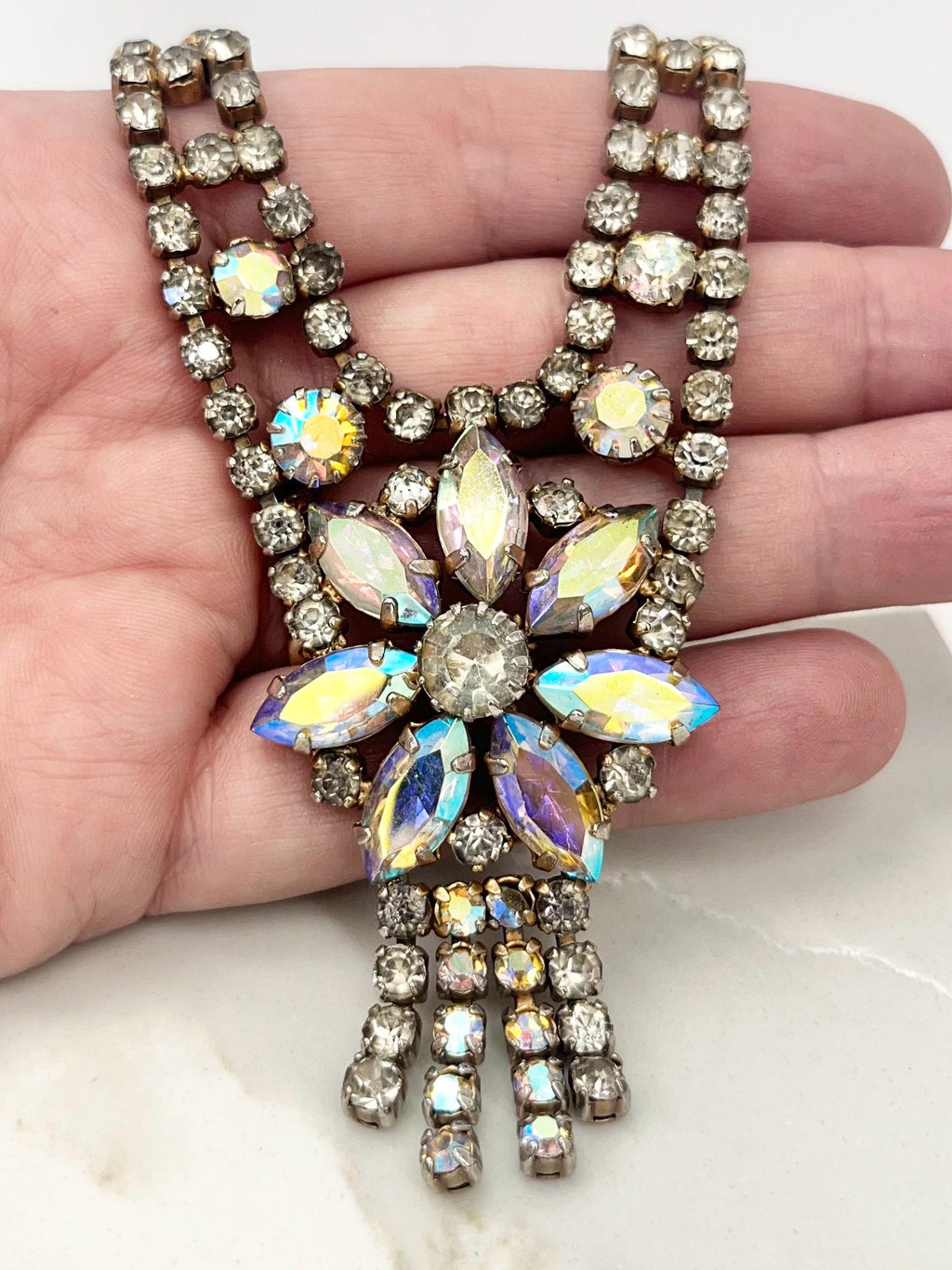 Impressive Vintage Silver Tone Flower Drop Tassle Necklace with Aurora Borealis Crystals 1960’s MillyOliverVintage