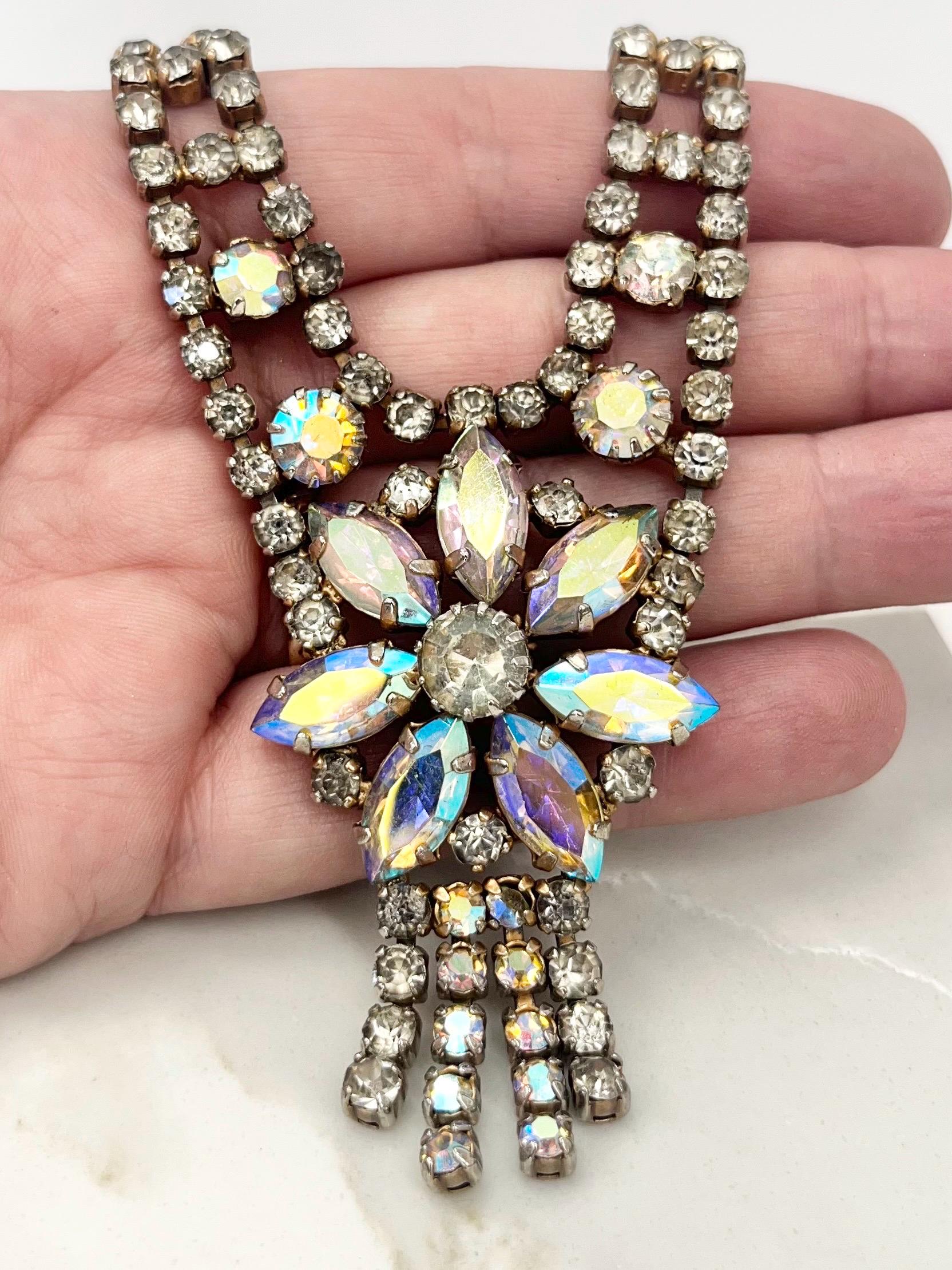 Impressive Vintage Silver Tone Flower Drop Tassle Necklace with Aurora Borealis Crystals 1960’s MillyOliverVintage
