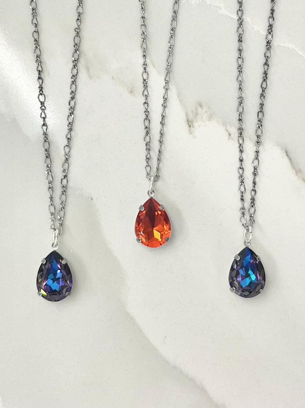 Sparkling Swarovski Crystal Elements Pear Drop Pendant Necklace Fancy Chain - 16” Long - Choice of Colours - by Milly Oliver MillyOliverVintage